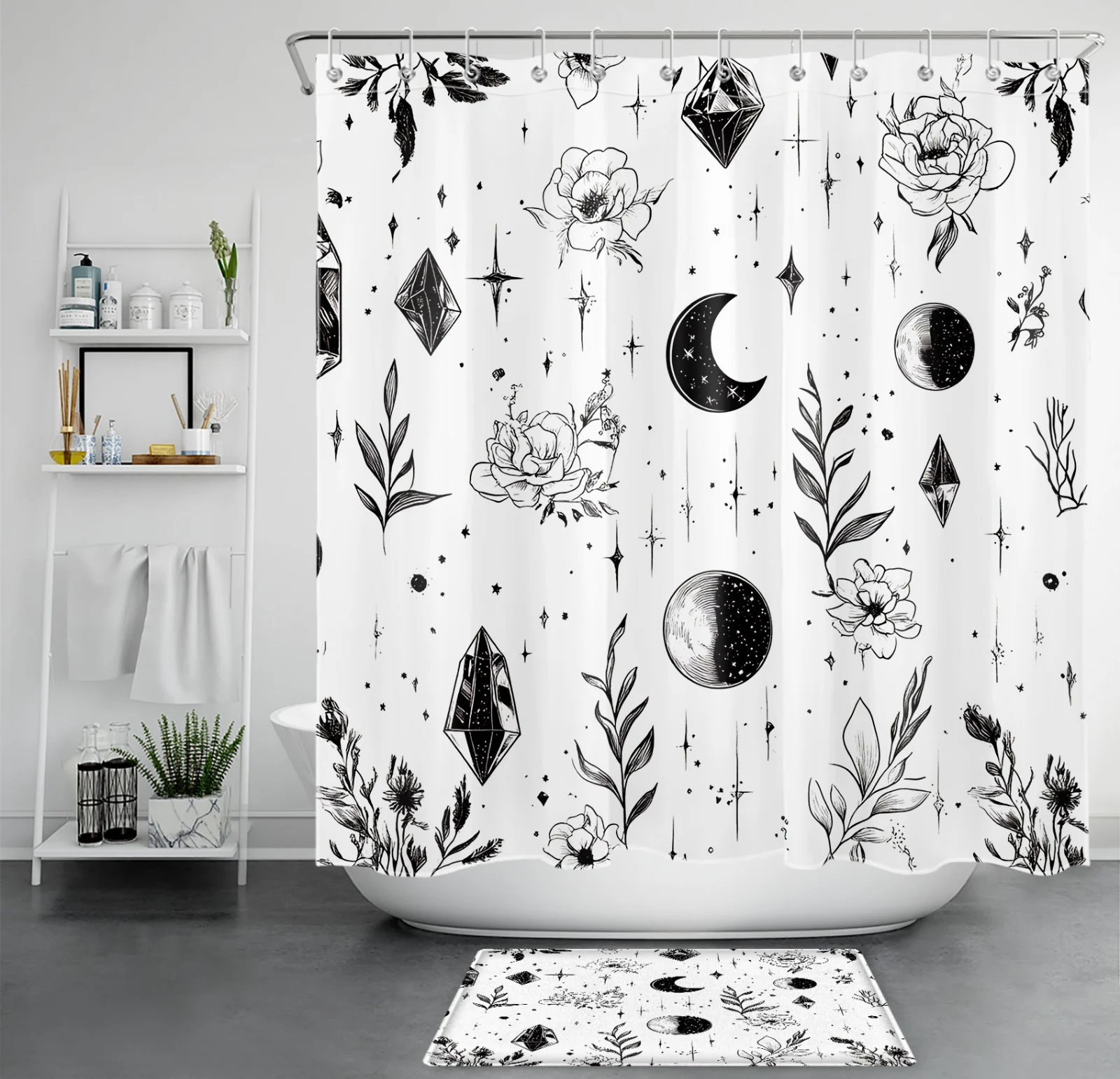 Boho Sun Moon Black and White Floral Shower Curtain