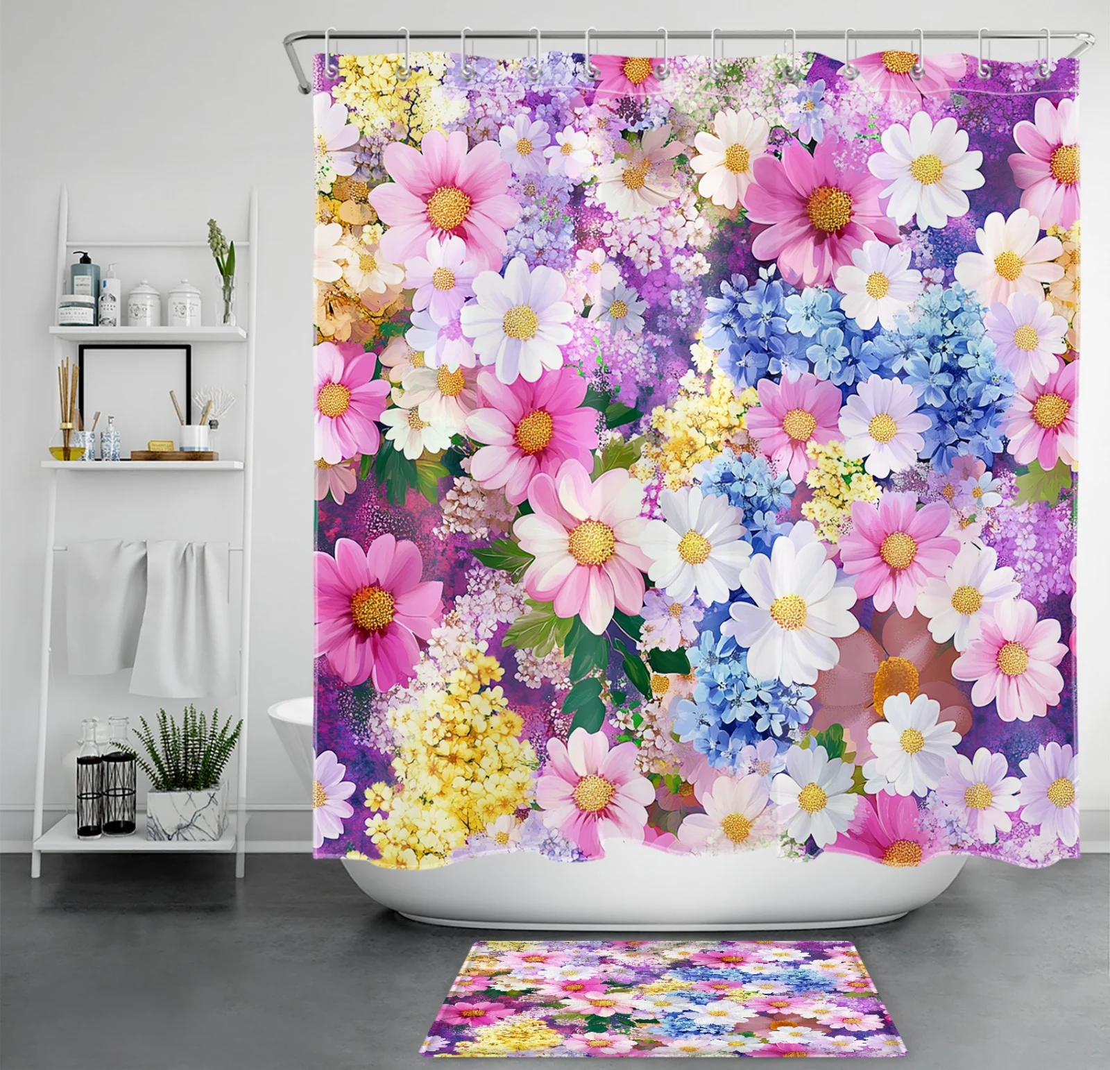 Botanical Blue Hydrangea Pink Daisy Floral Shower Curtain