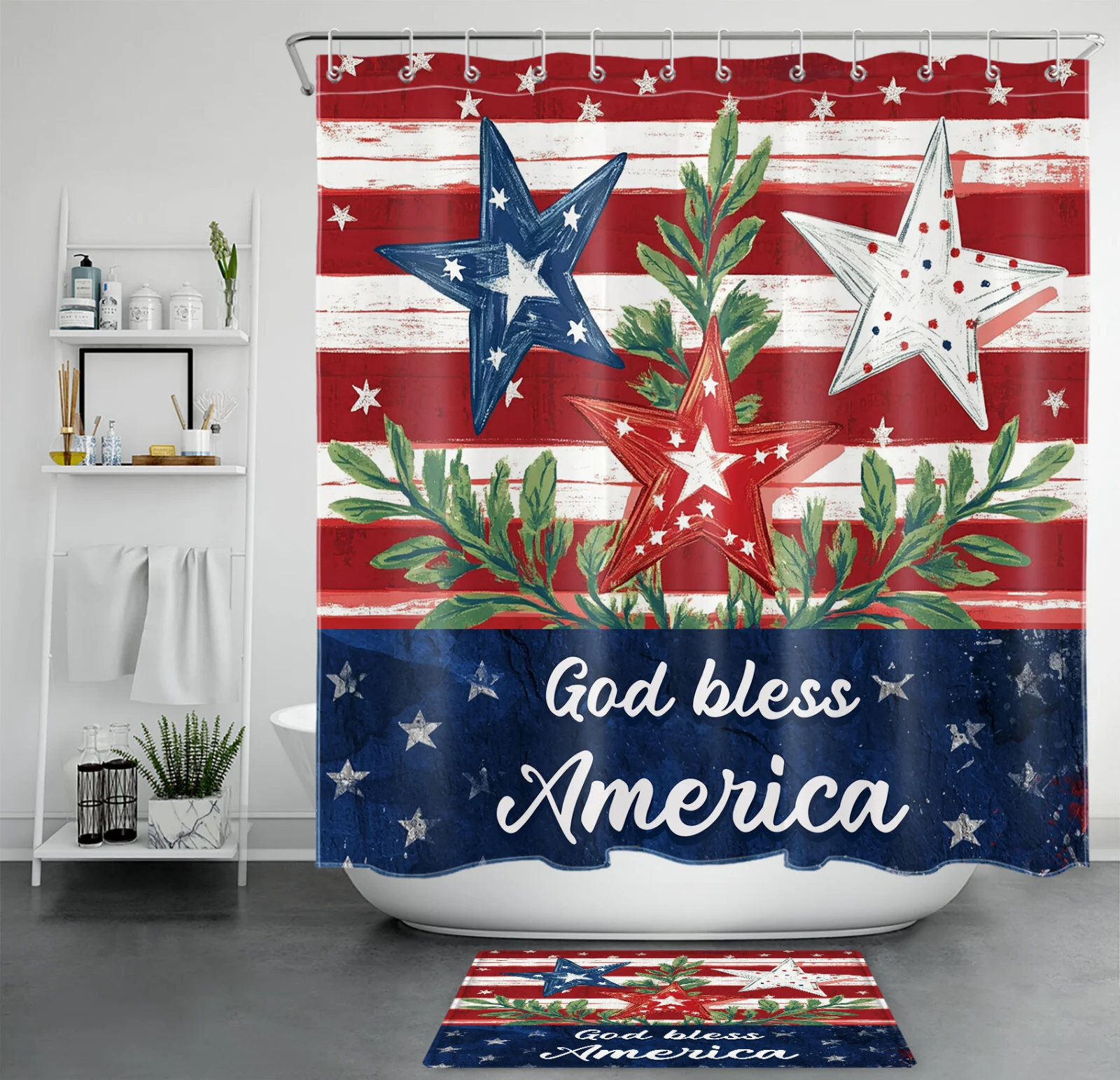 Botanical Green Leaf Patriotic 4th of July Shower Curtain