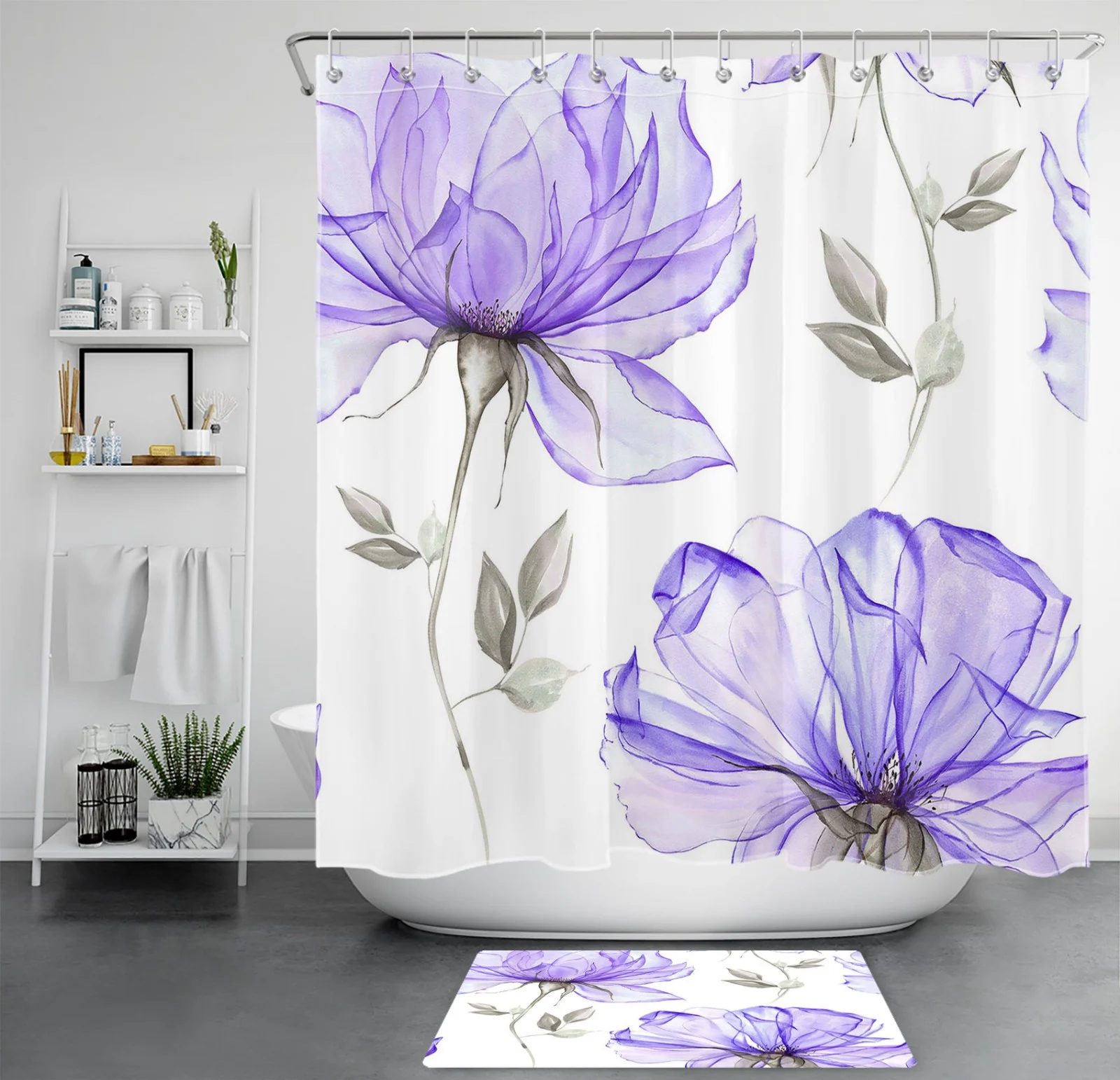 Botanical Grey Leaf Purple Wildflower Shower Curtain
