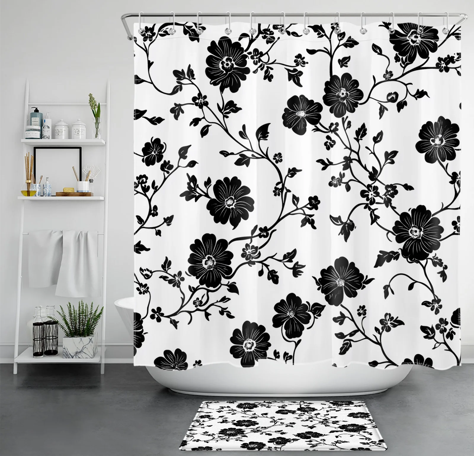 Botanical Leaf Black and White Floral Shower Curtain