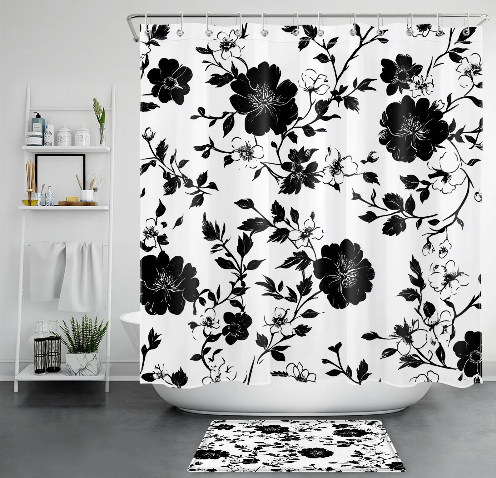 Vintage Botanical Leaf Black Bow on Cream Shower Curtain