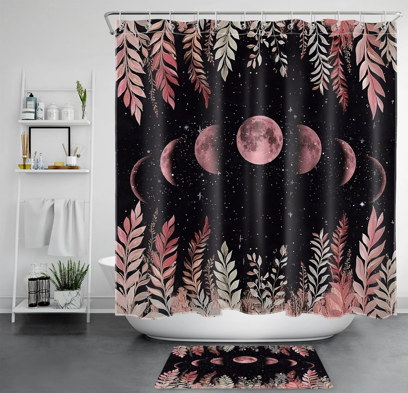 Botanical Night Starry Pink Moon Phase Shower Curtain