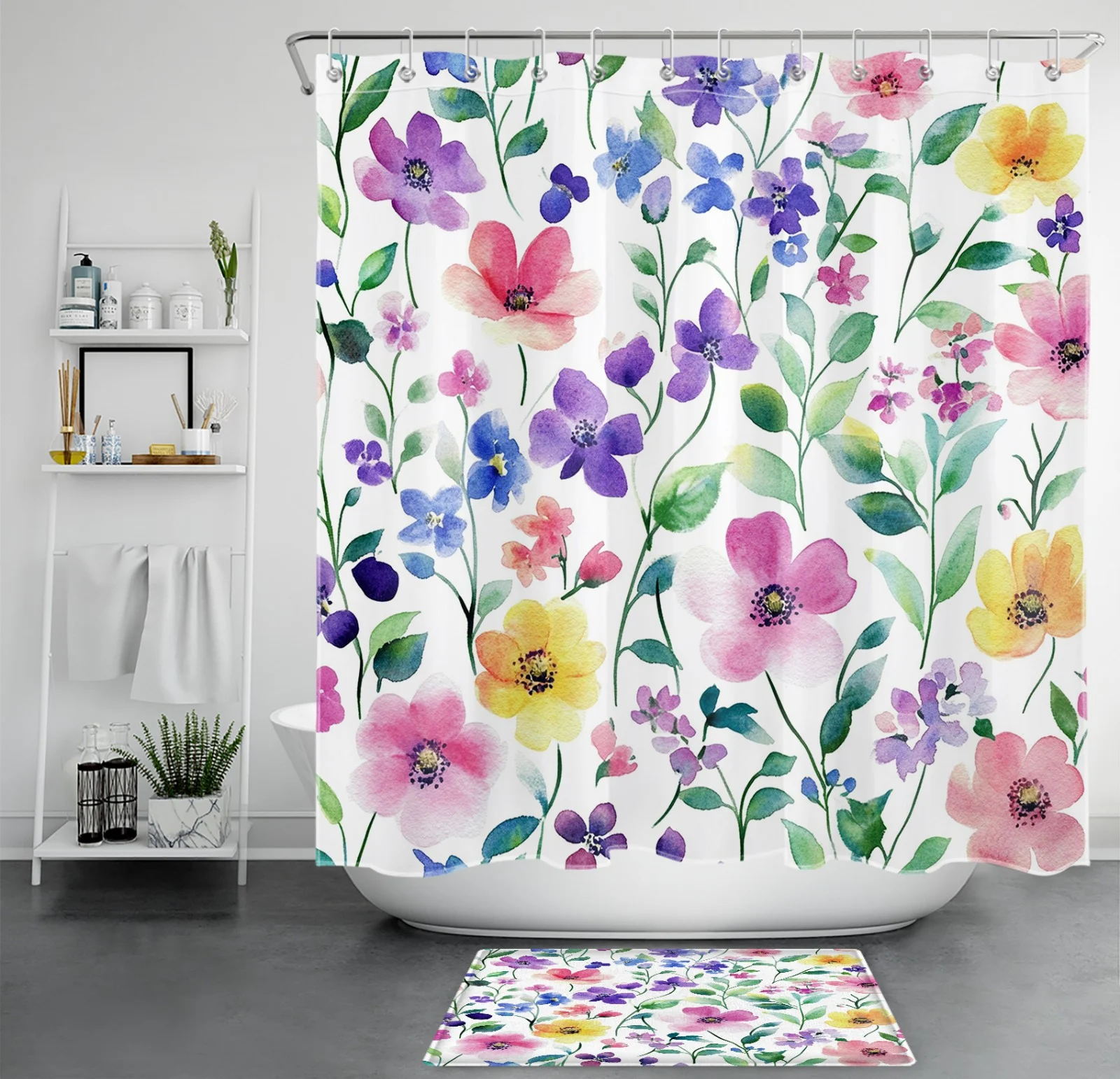 Botanical Purple and Pink Wildflower Beige Shower Curtain