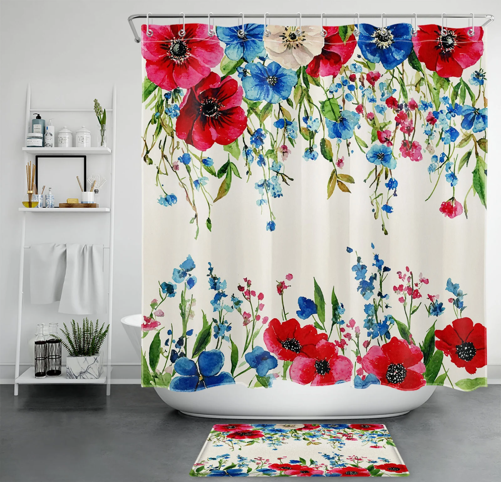 Botanical Red and Blue Wildflower on Beige Shower Curtain