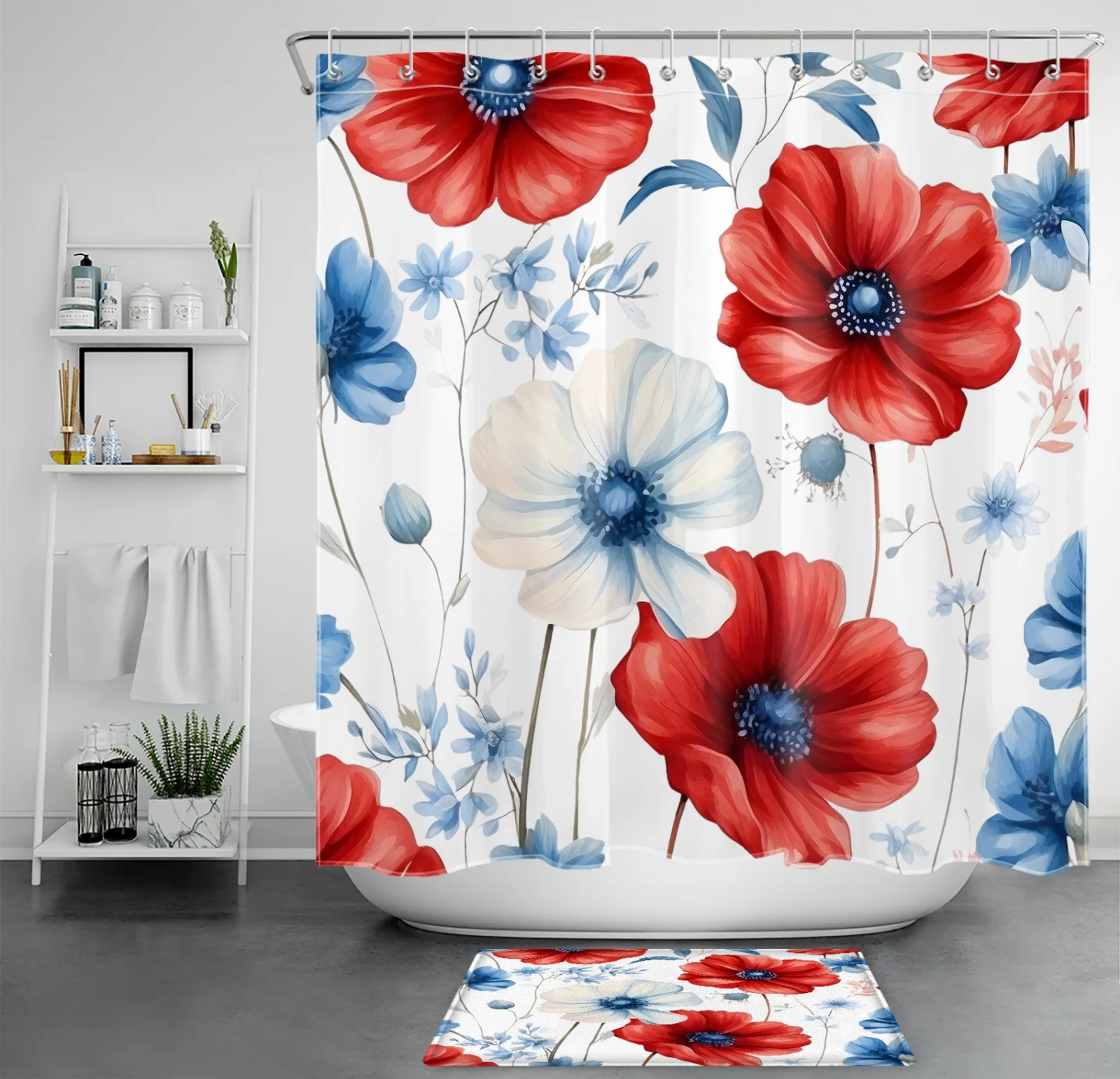 Botanical Red White and Blue Floral Shower Curtain