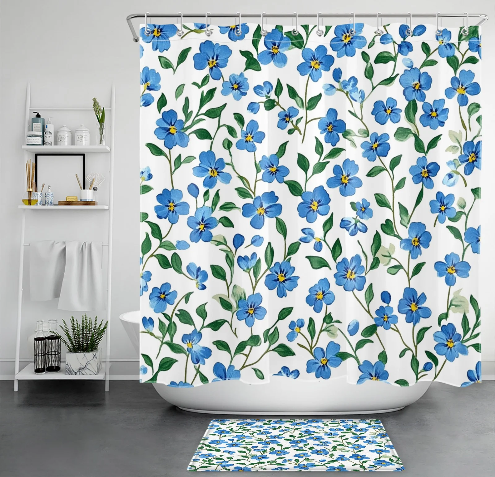 Botanical Sage Green Leaf Blue Floral Shower Curtain