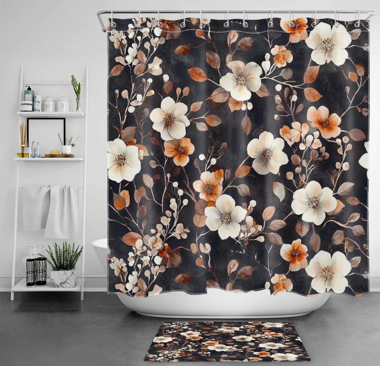 Brown Botanical Leaf Orange Floral Black Shower Curtain