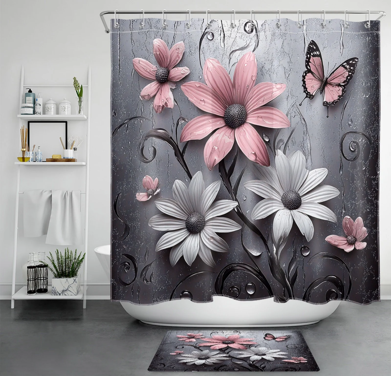 Butterfly Botanical Gray and Pink Floral Shower Curtain
