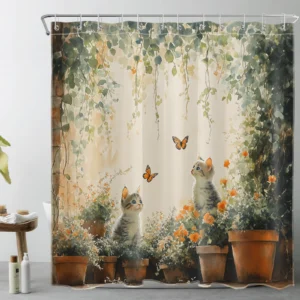 Butterfly Funny Cat Green Eucalyptus Leaf Shower Curtain
