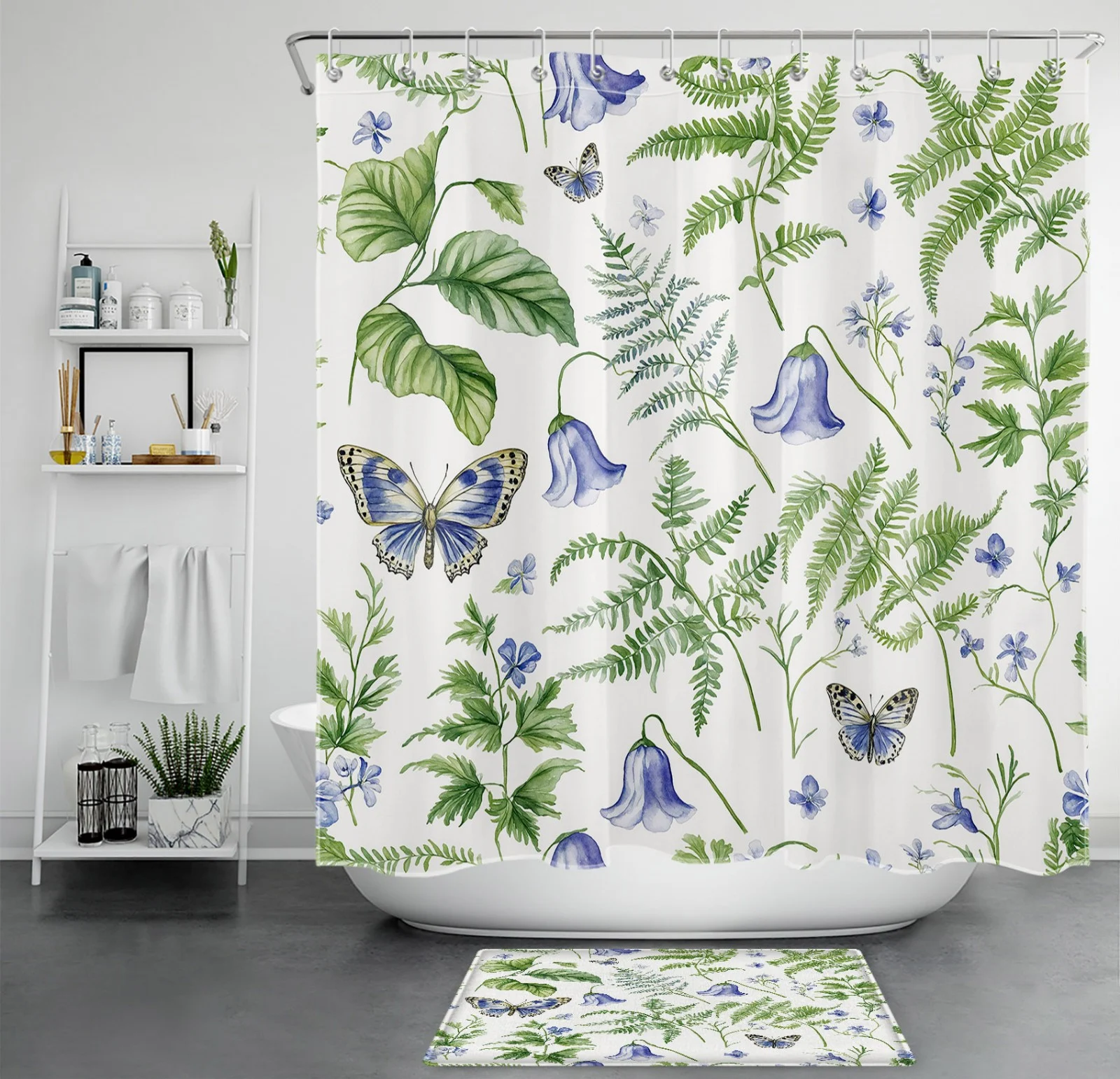 Butterfly Green Leaves Purple Floral Shower Curtain