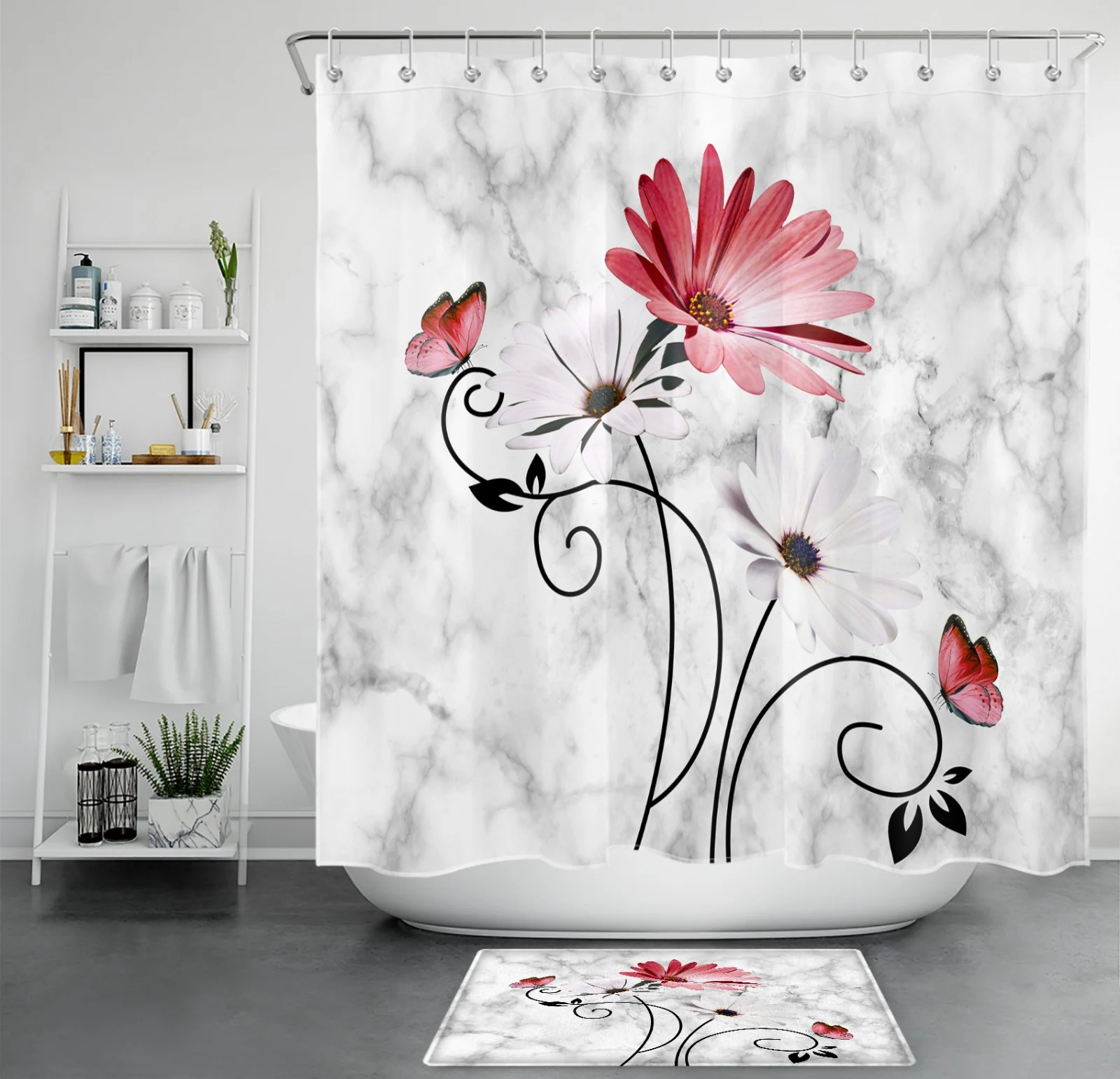 Butterfly Pink Daisy Floral Grey Marble Shower Curtain