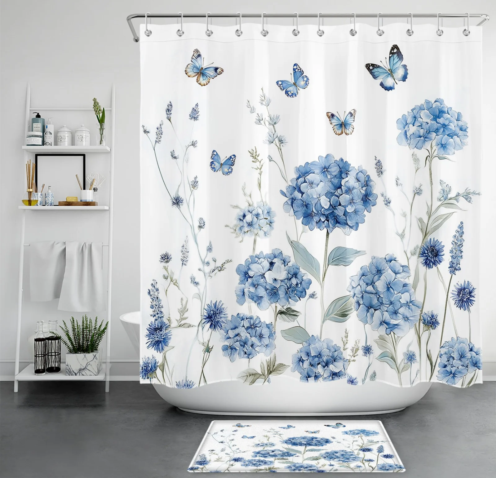 Butterfly Plant Leaf Blue Hydrangea Floral Shower Curtain