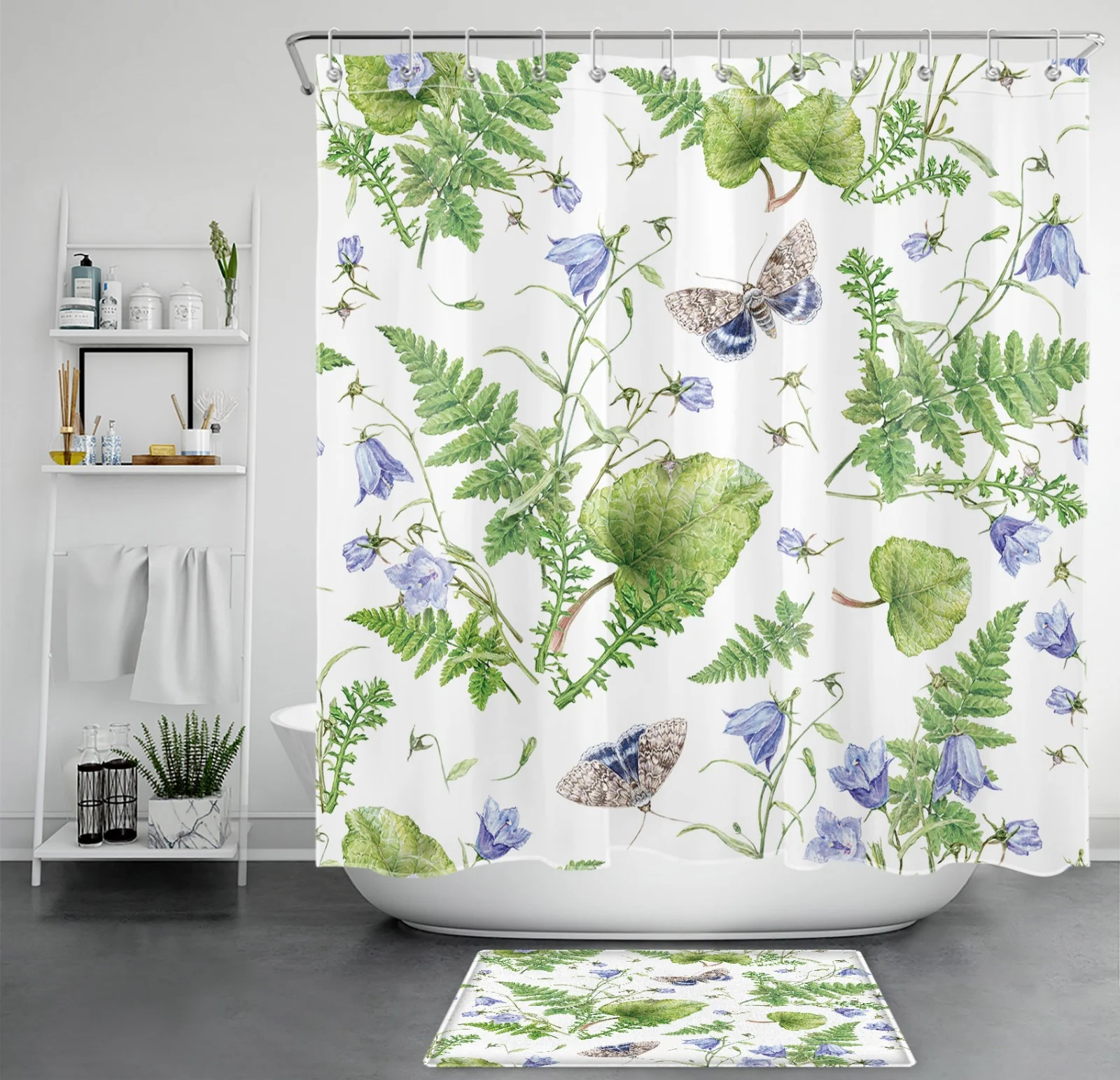 Butterfly Purple Floral Green Botanical Shower Curtain