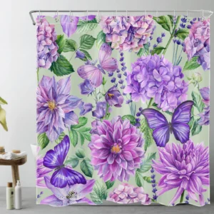 Butterfly Sage Green Leaf Purple Floral Shower Curtain