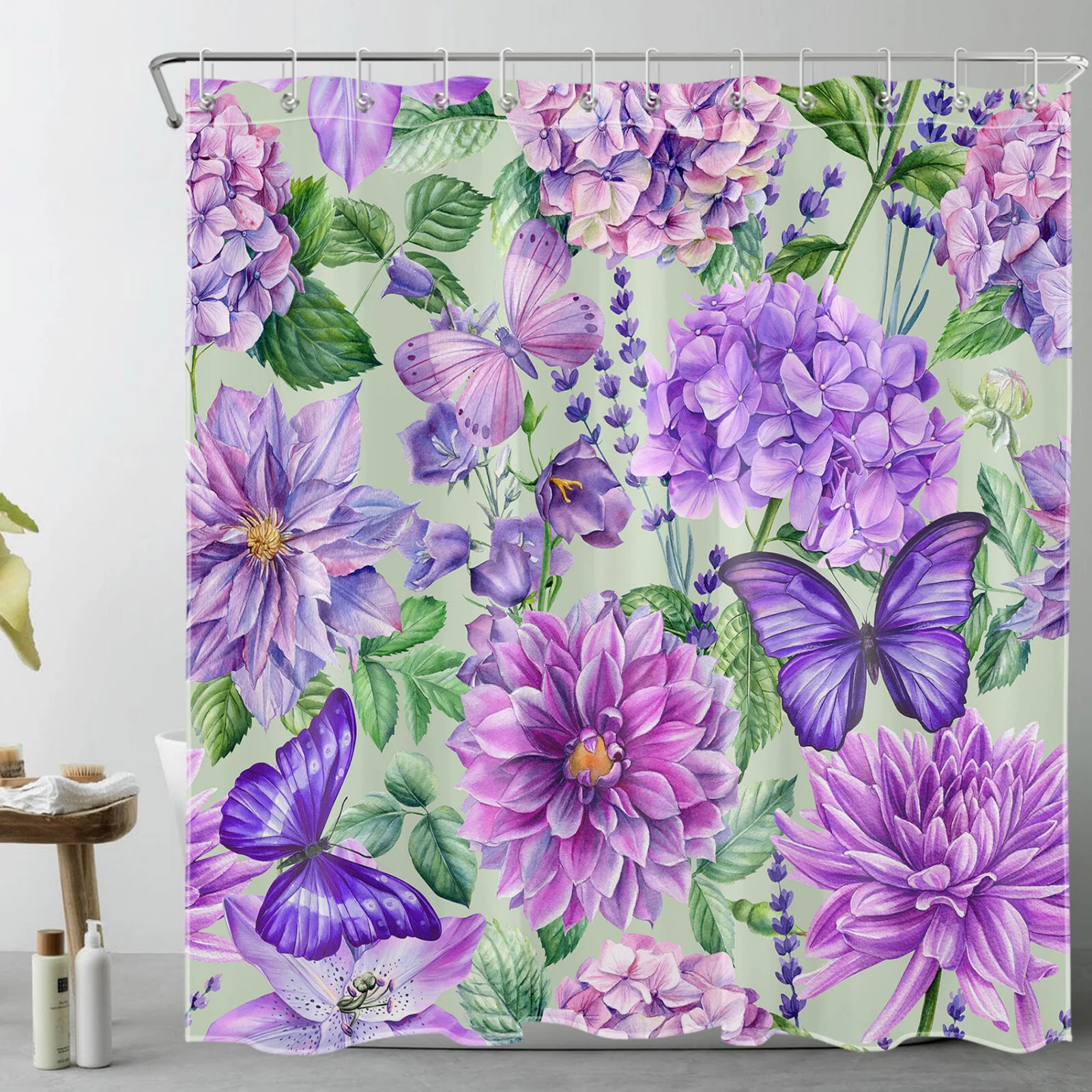 Butterfly Sage Green Leaf Purple Floral Shower Curtain Butterfly Sage Green Leaf Purple Floral Shower Curtain