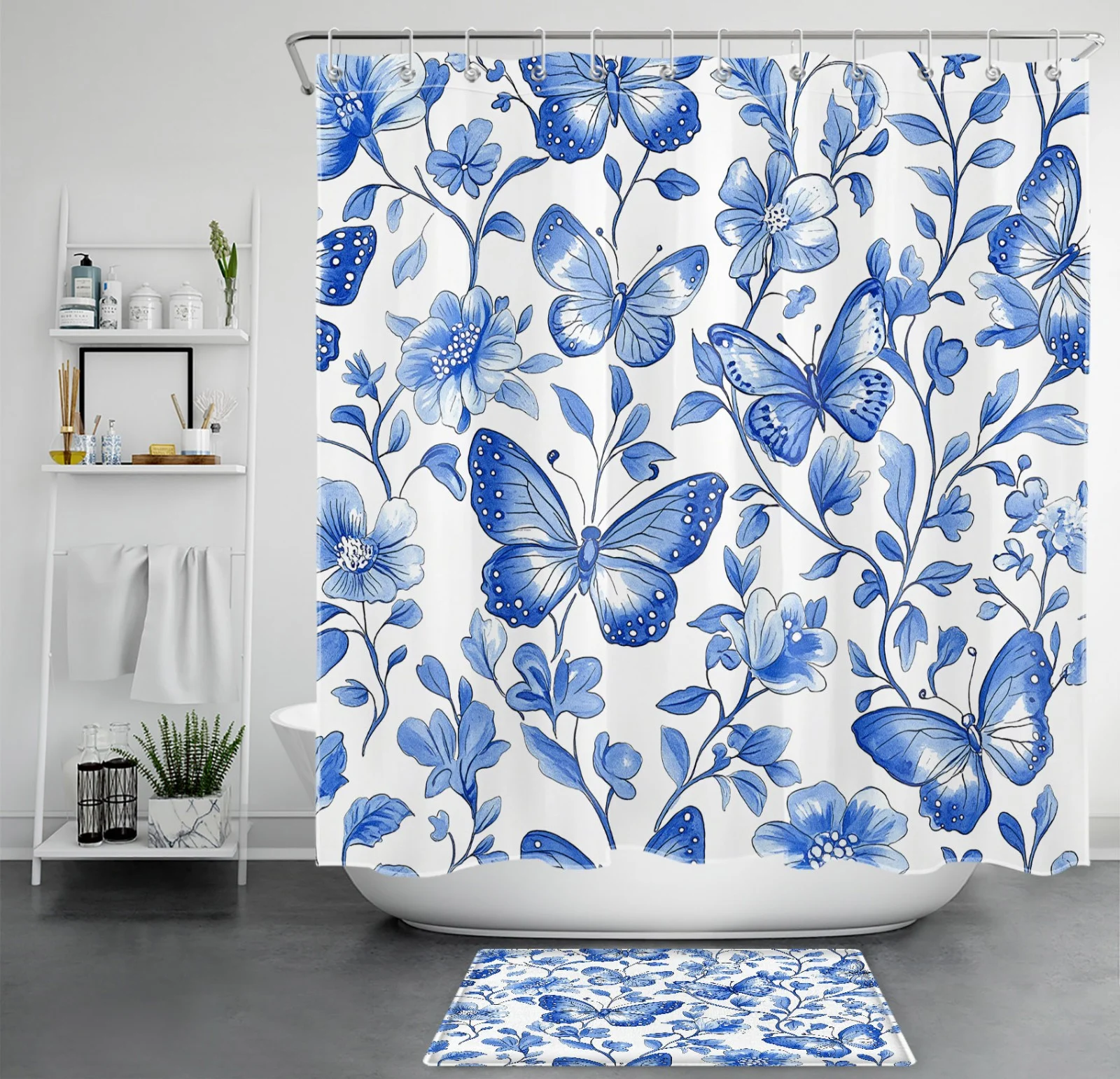 Butterfly Vintage Botanical Blue Floral Shower Curtain