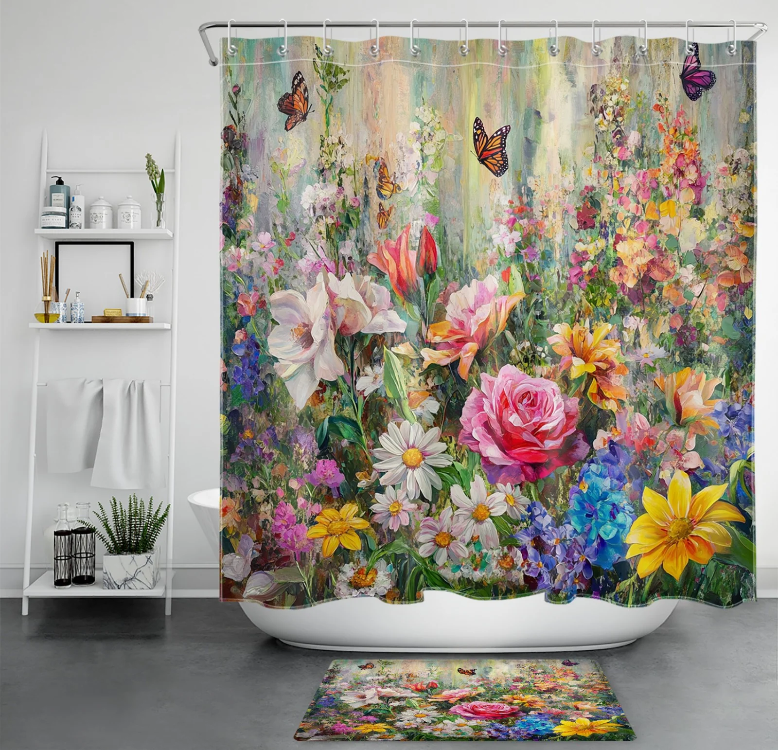 Butterfly Watercolor Colorful Floral Shower Curtain