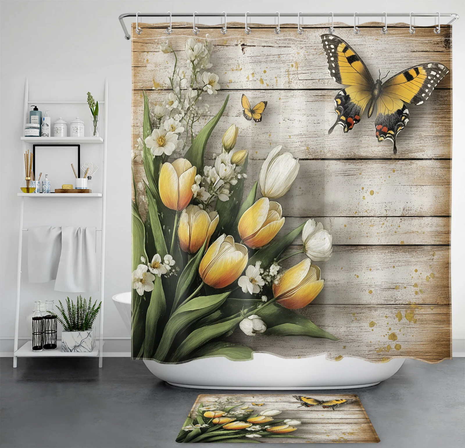 Butterfly Yellow Tulip Happy Mothers' Day Shower Curtain