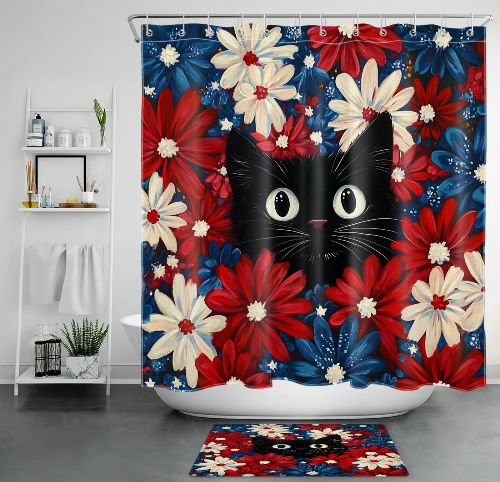 Cat Red White and Blue Flower Patriotic Shower Curtain