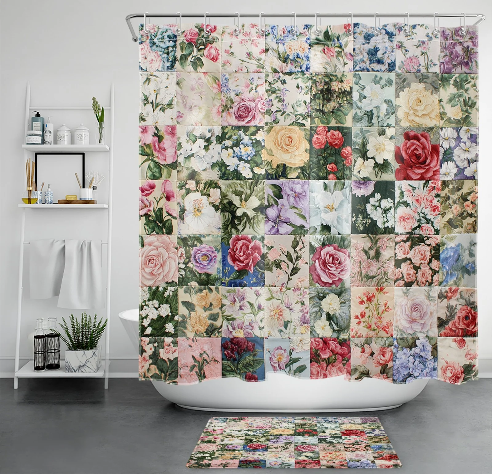 Checkered Green Leaves Vintage Floral Shower Curtain