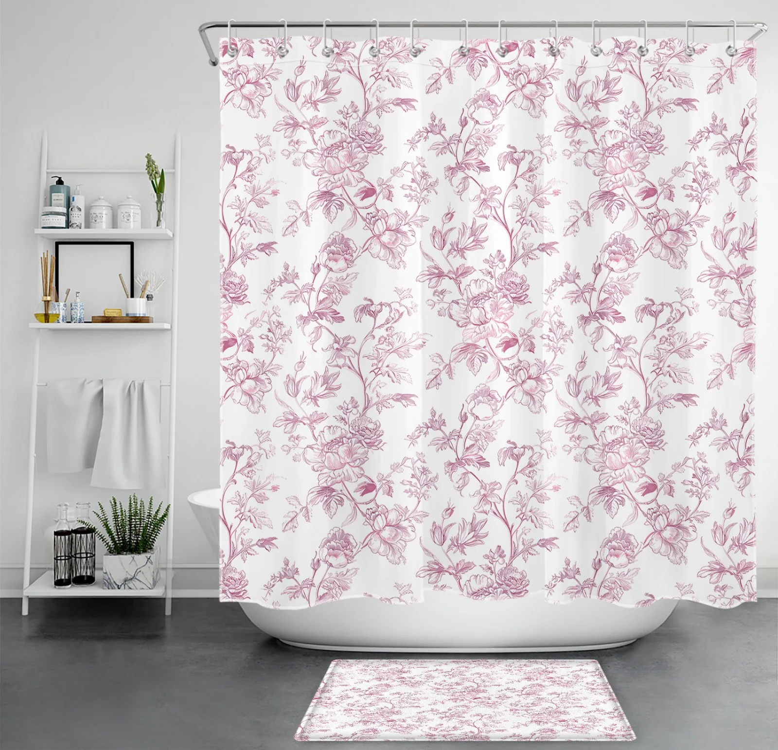 Chic Vintage Botanical Leaf Pink Floral Shower Curtain