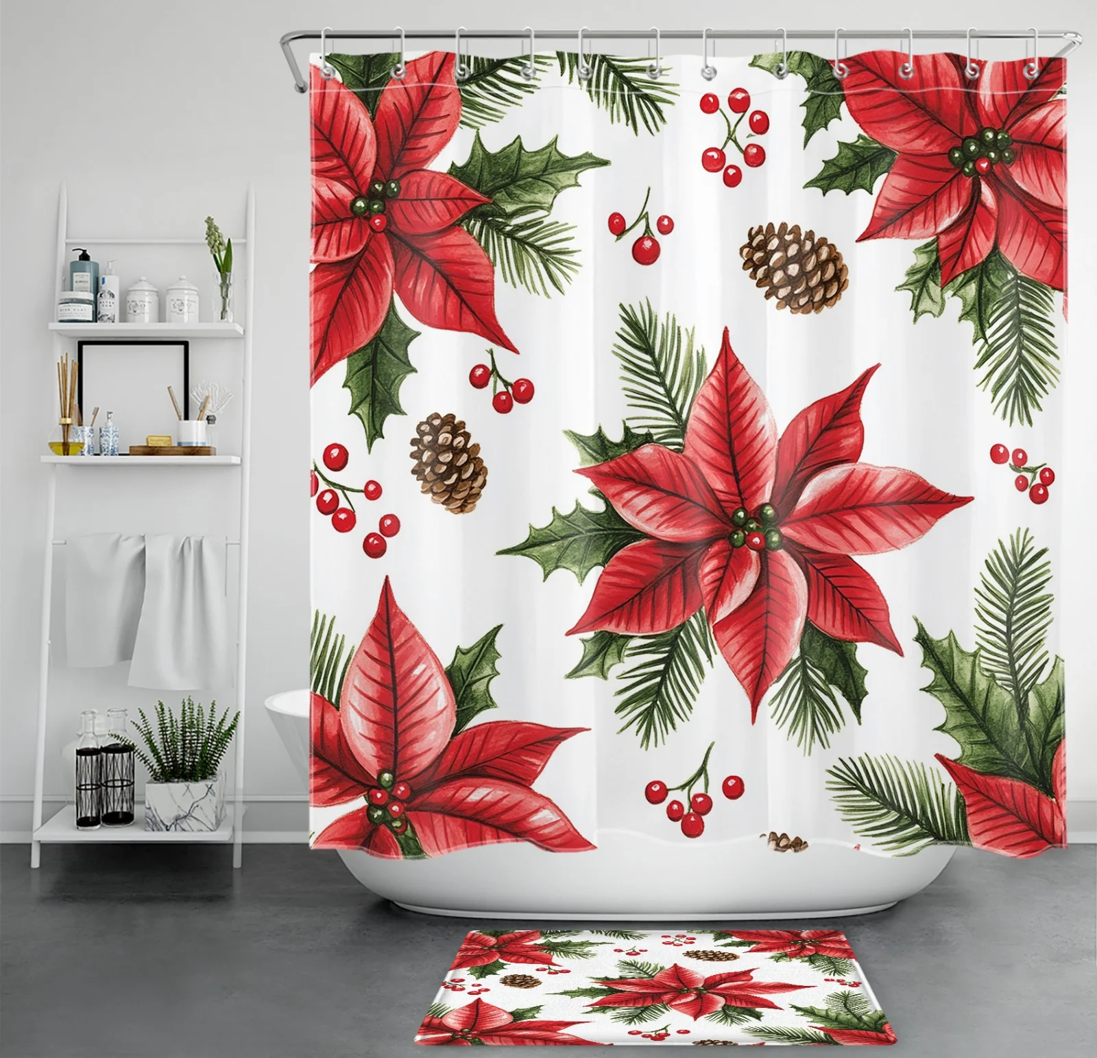 Christmas Green Leaf Red Berry Floral Shower Curtain
