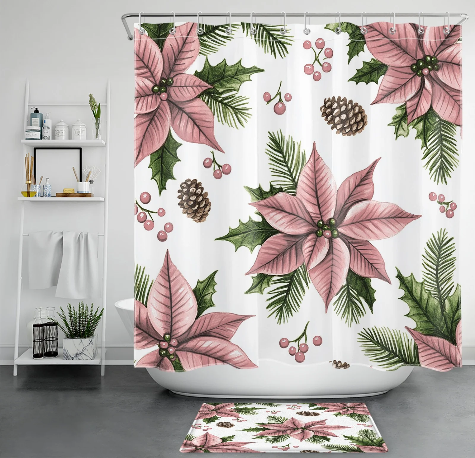 Christmas Green Leaves Pink Berry Floral Shower Curtain