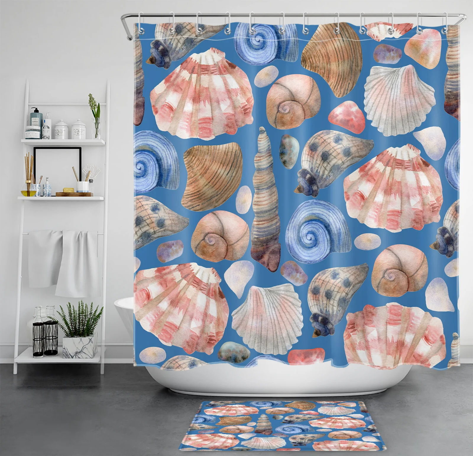 Coastal Beach Theme Seashell Navy Blue Shower Curtain