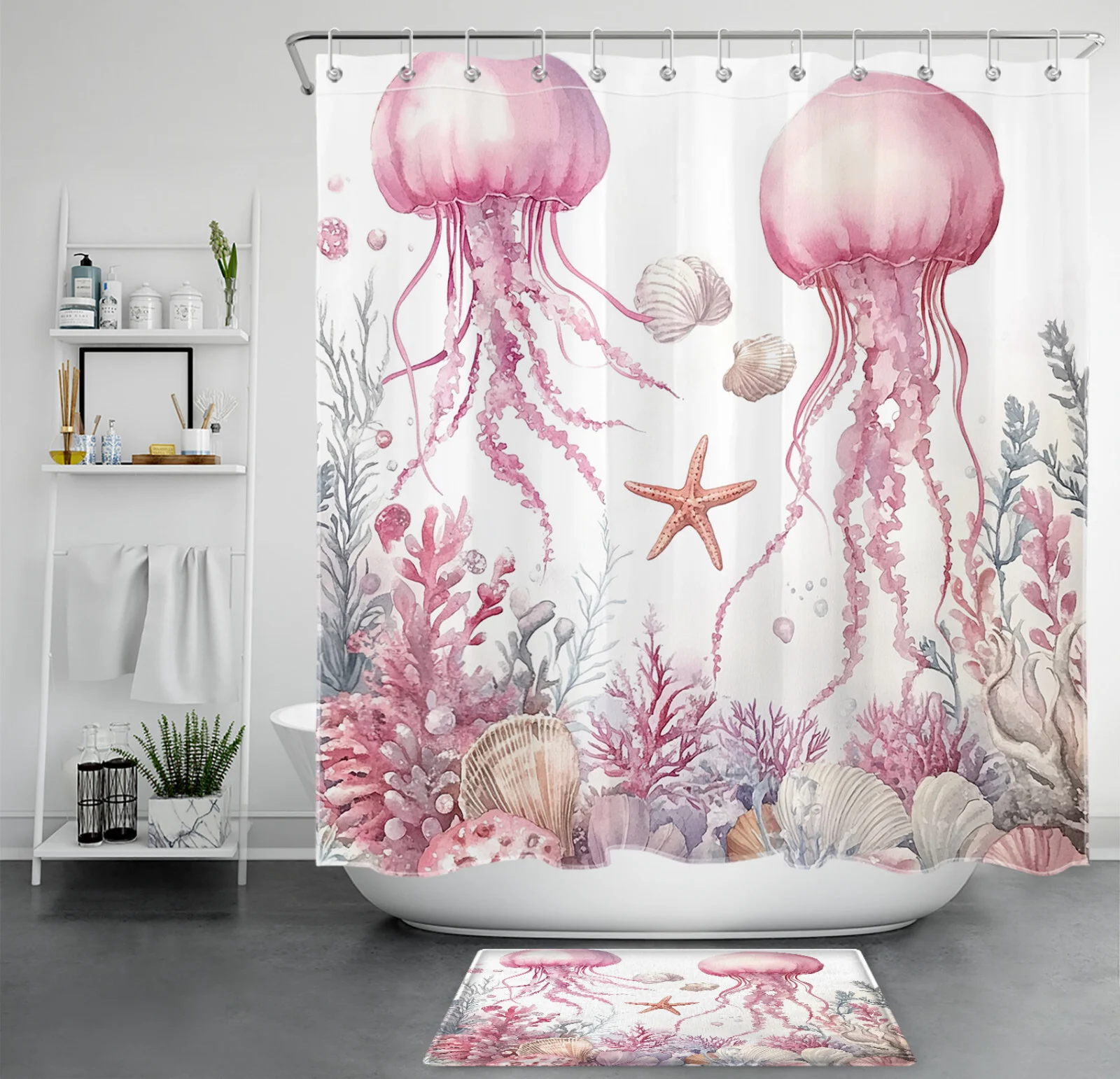 Coastal Coral Seashell Pink Jellyfish Shower Curtain