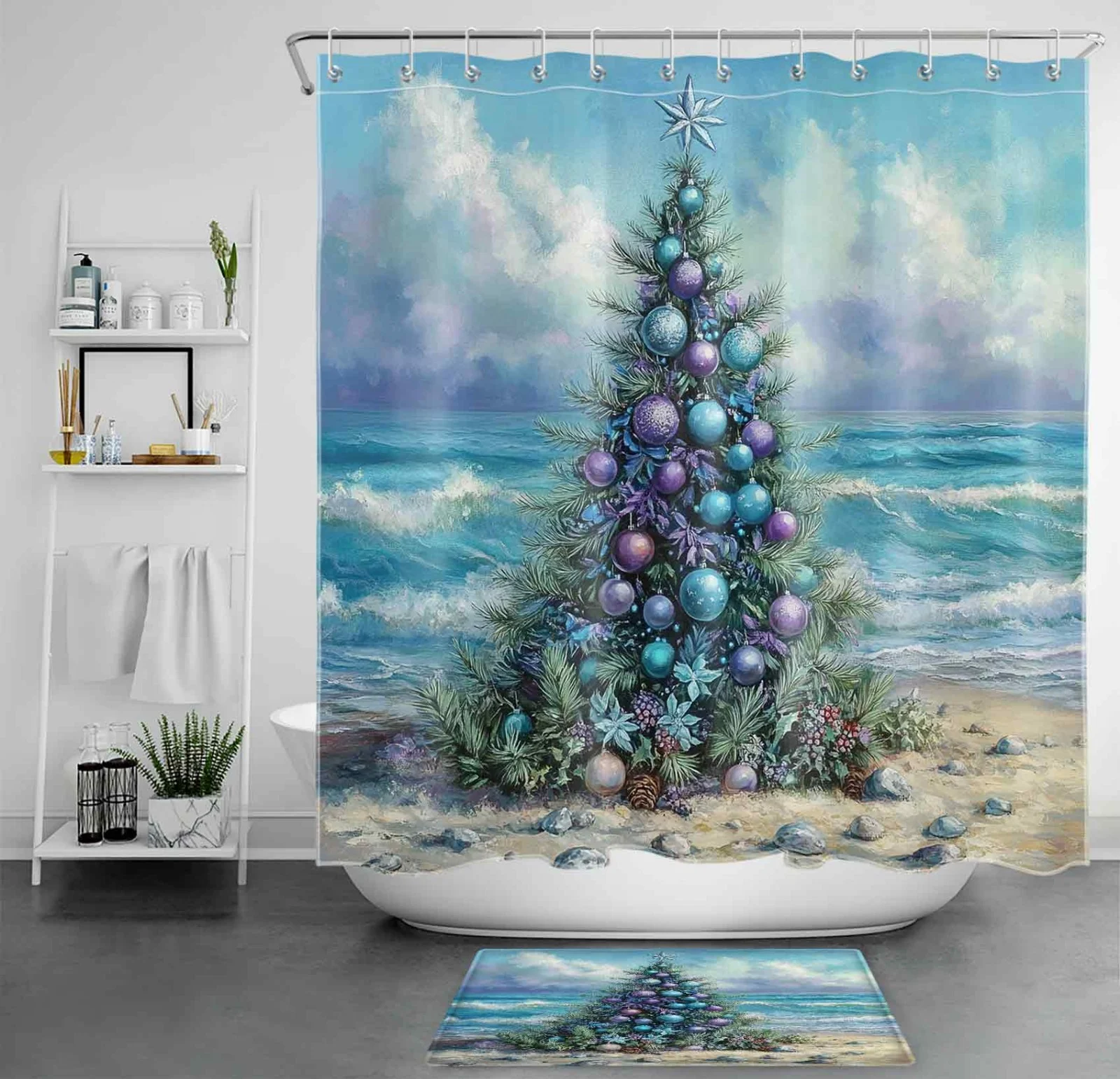 Coastal Green Xmas Tree on Christmas Beach Shower Curtain