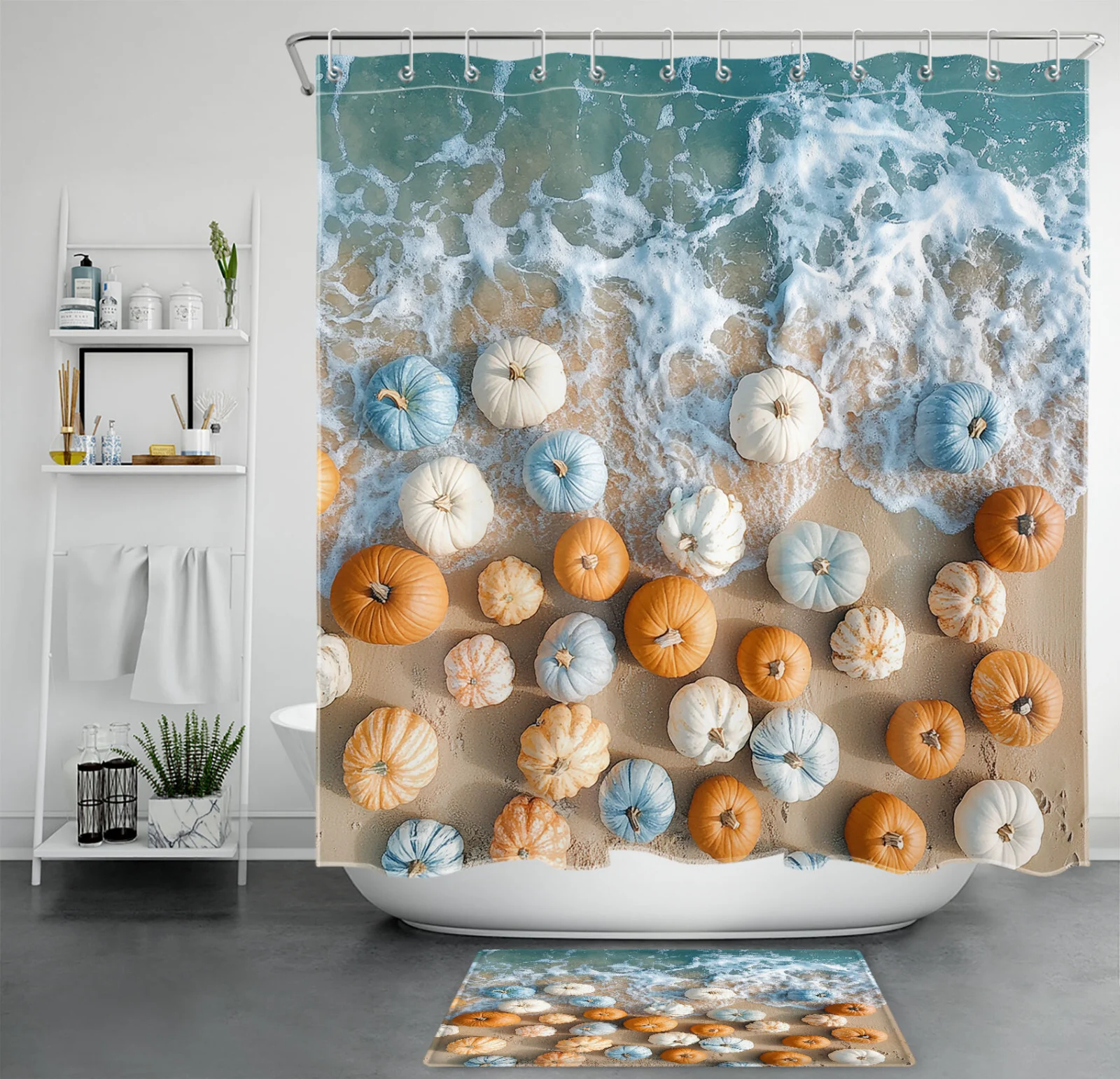 Coastal Harvest Blue Pumpkin Fall Beach Shower Curtain