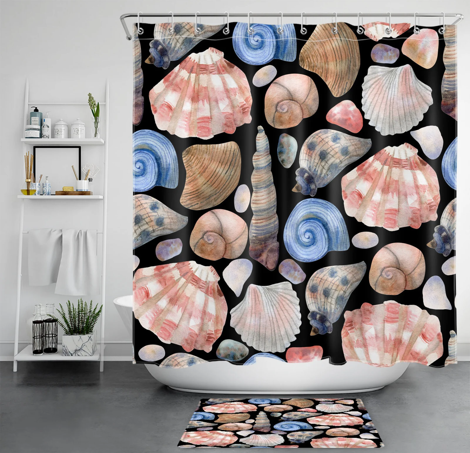 Coastal Pink and Blue Seashell on Black Shower Curtain