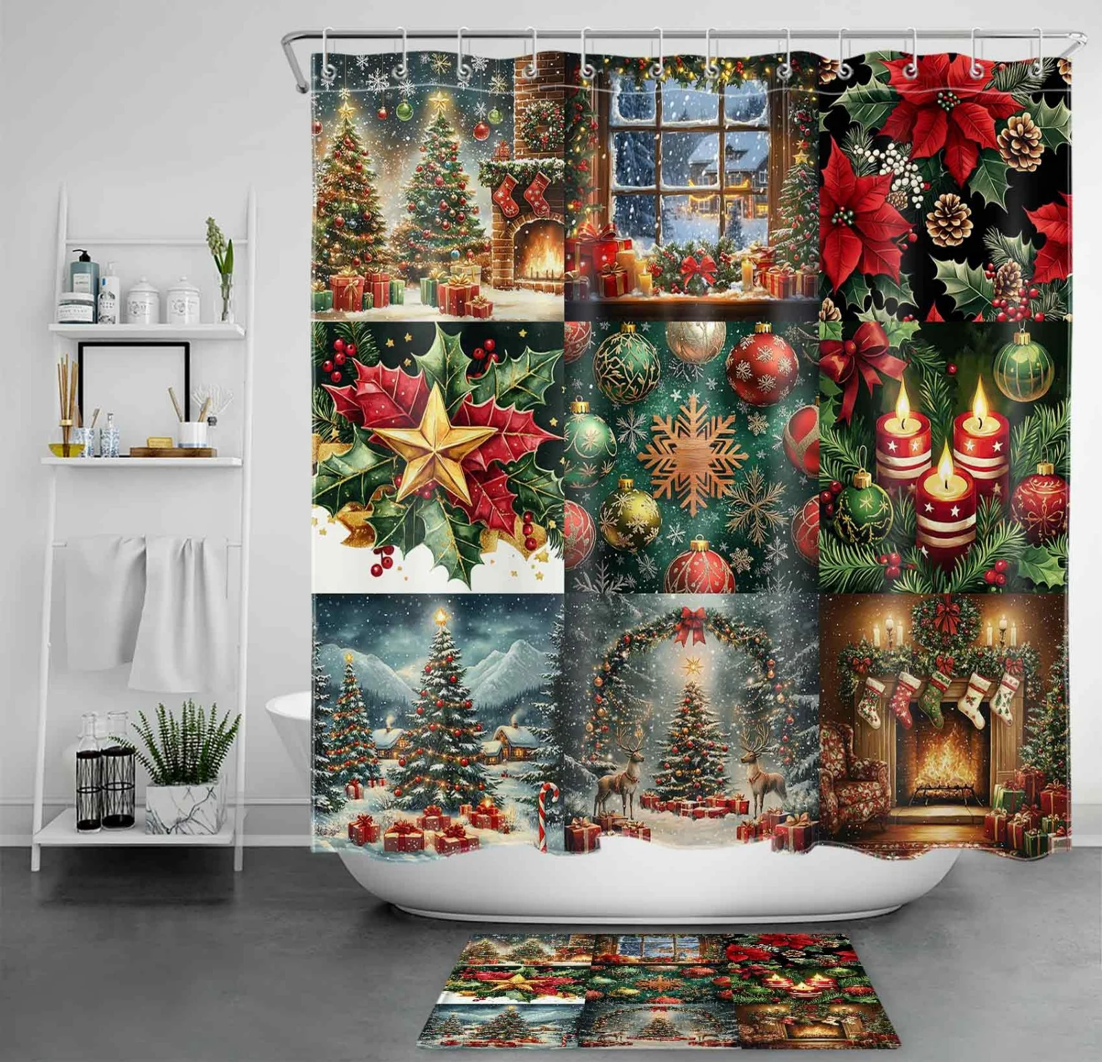 Colorful Patchwork Farmhouse Christmas Shower Curtain