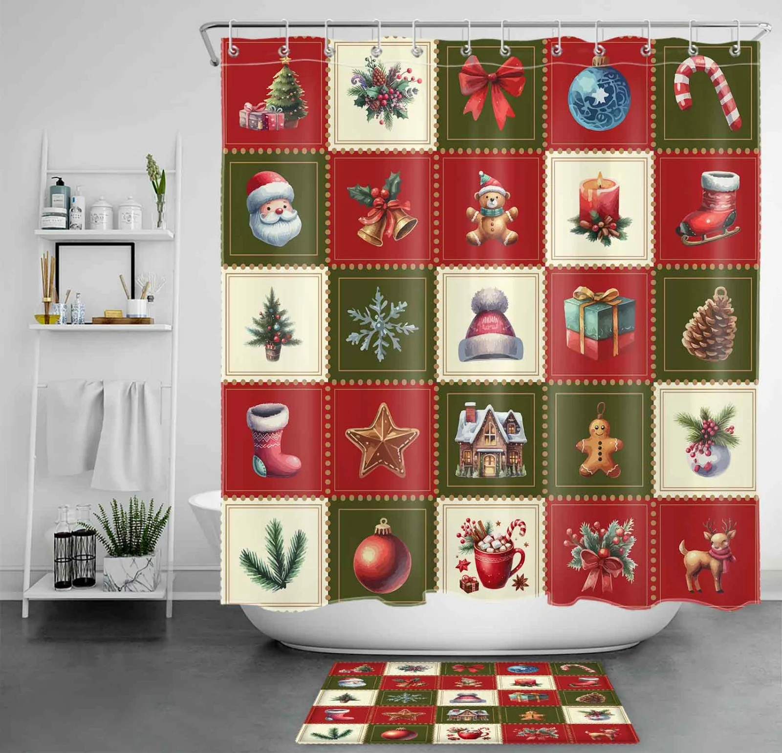 Colorful Patchwork Red and Green Christmas Shower Curtain