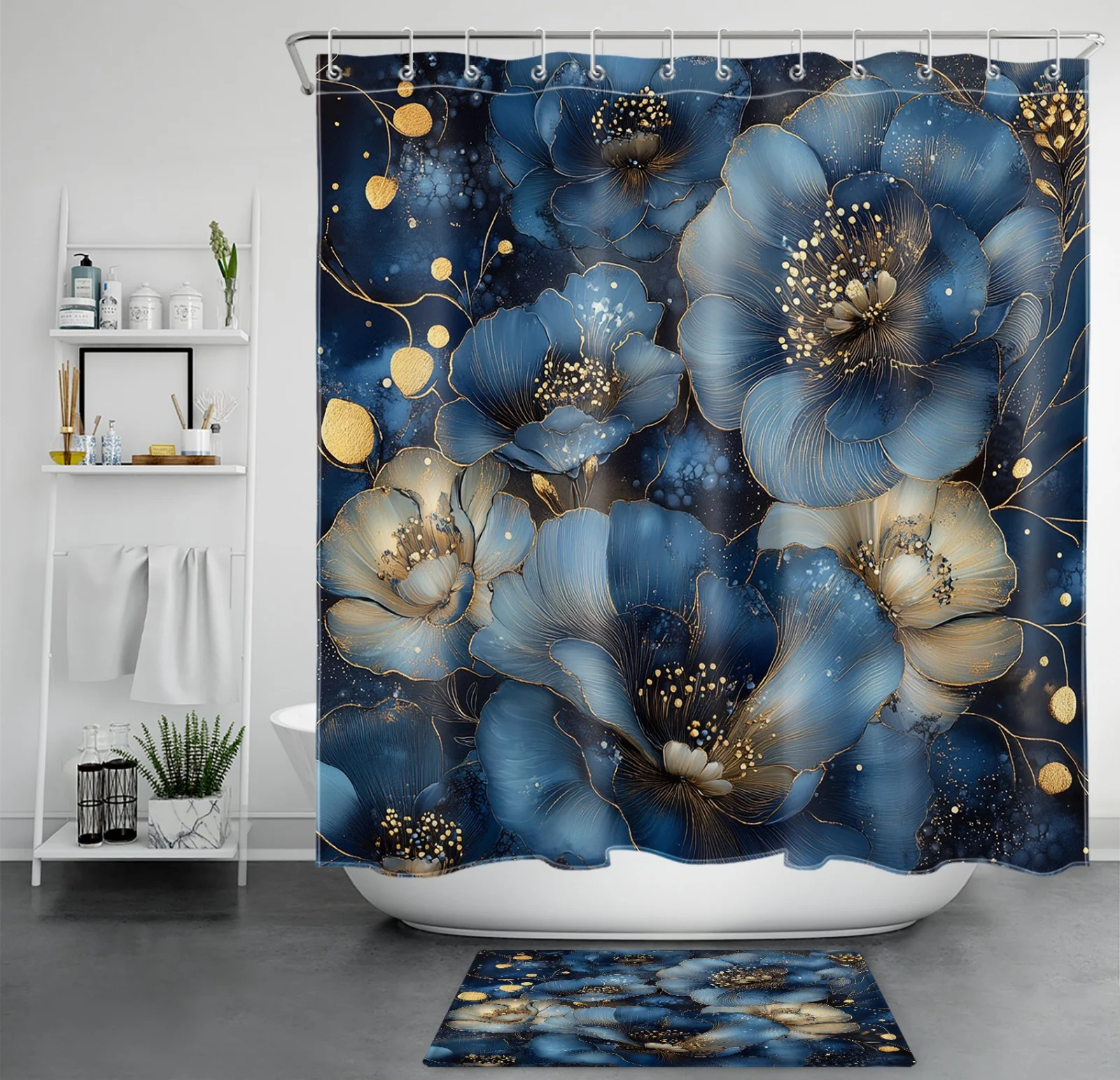 Country Botanical Black Floral on White Shower Curtain