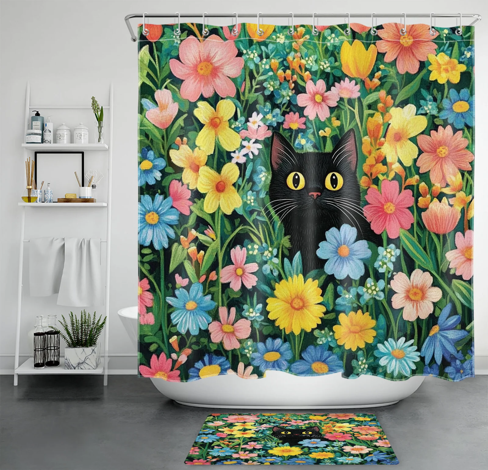 Country Colorful Flower Funny Black Cat Shower Curtain