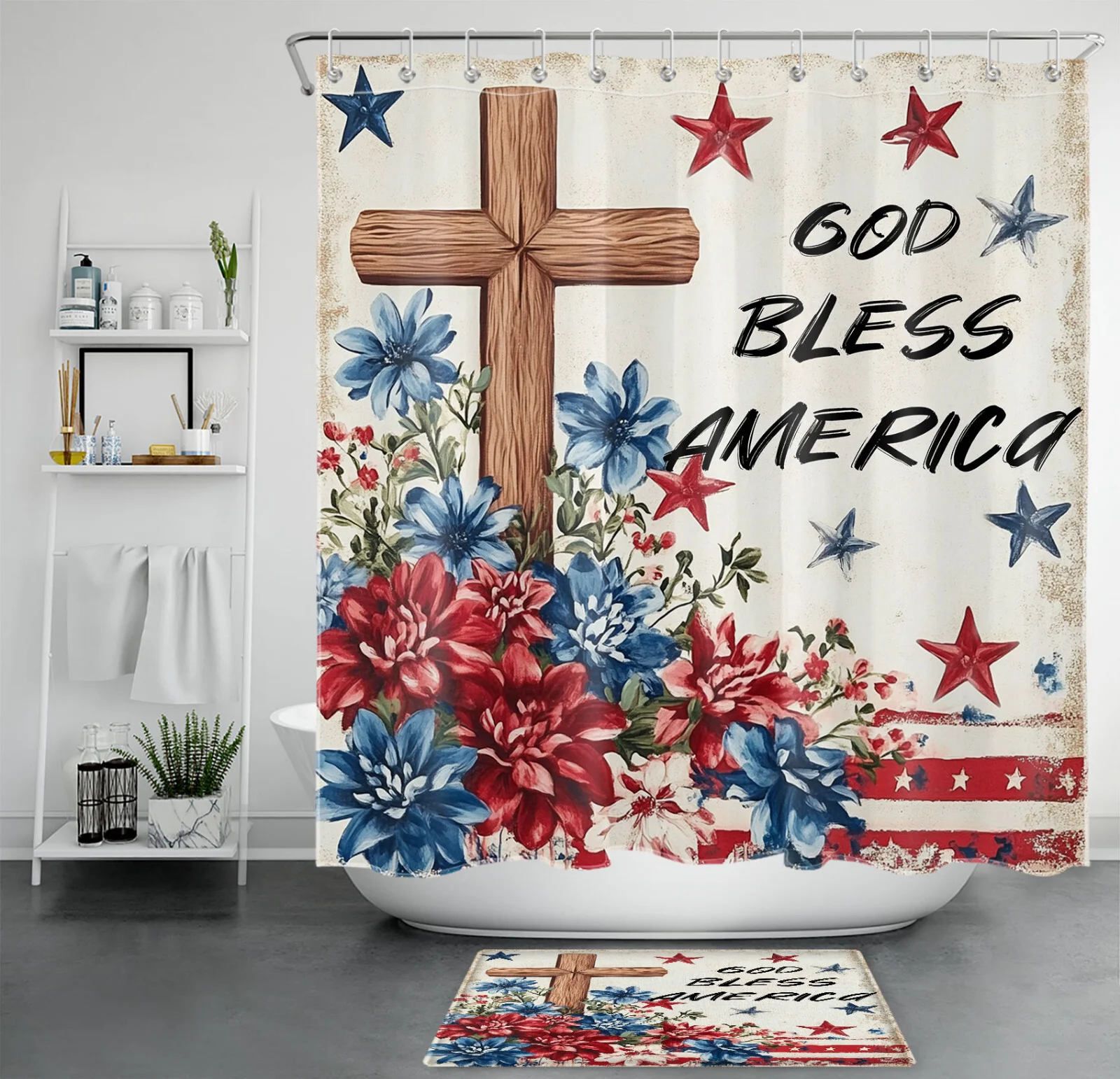 Cat Red White and Blue Flower Patriotic Shower Curtain