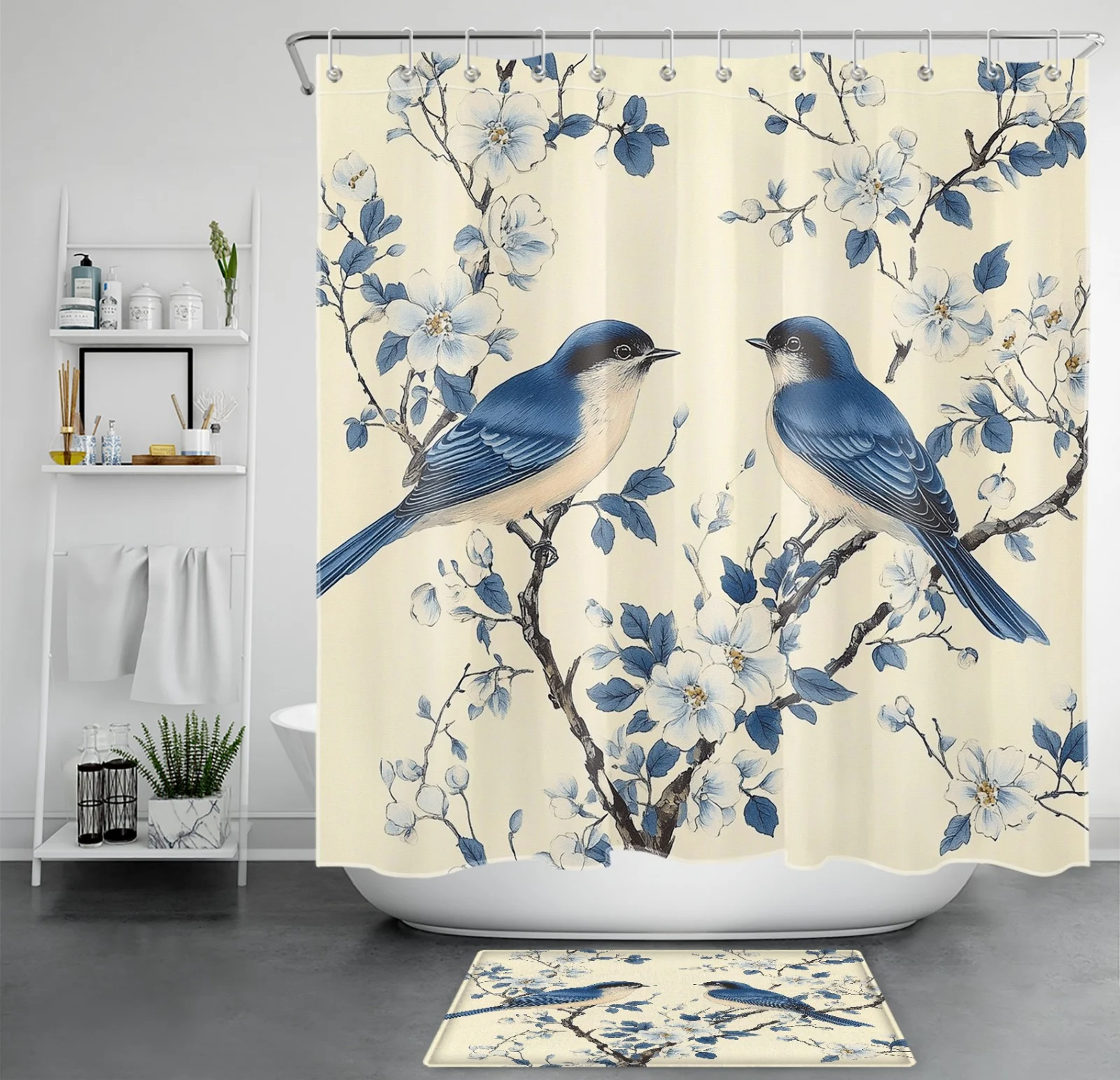 Vintage Botanical Black and White Floral Shower Curtain