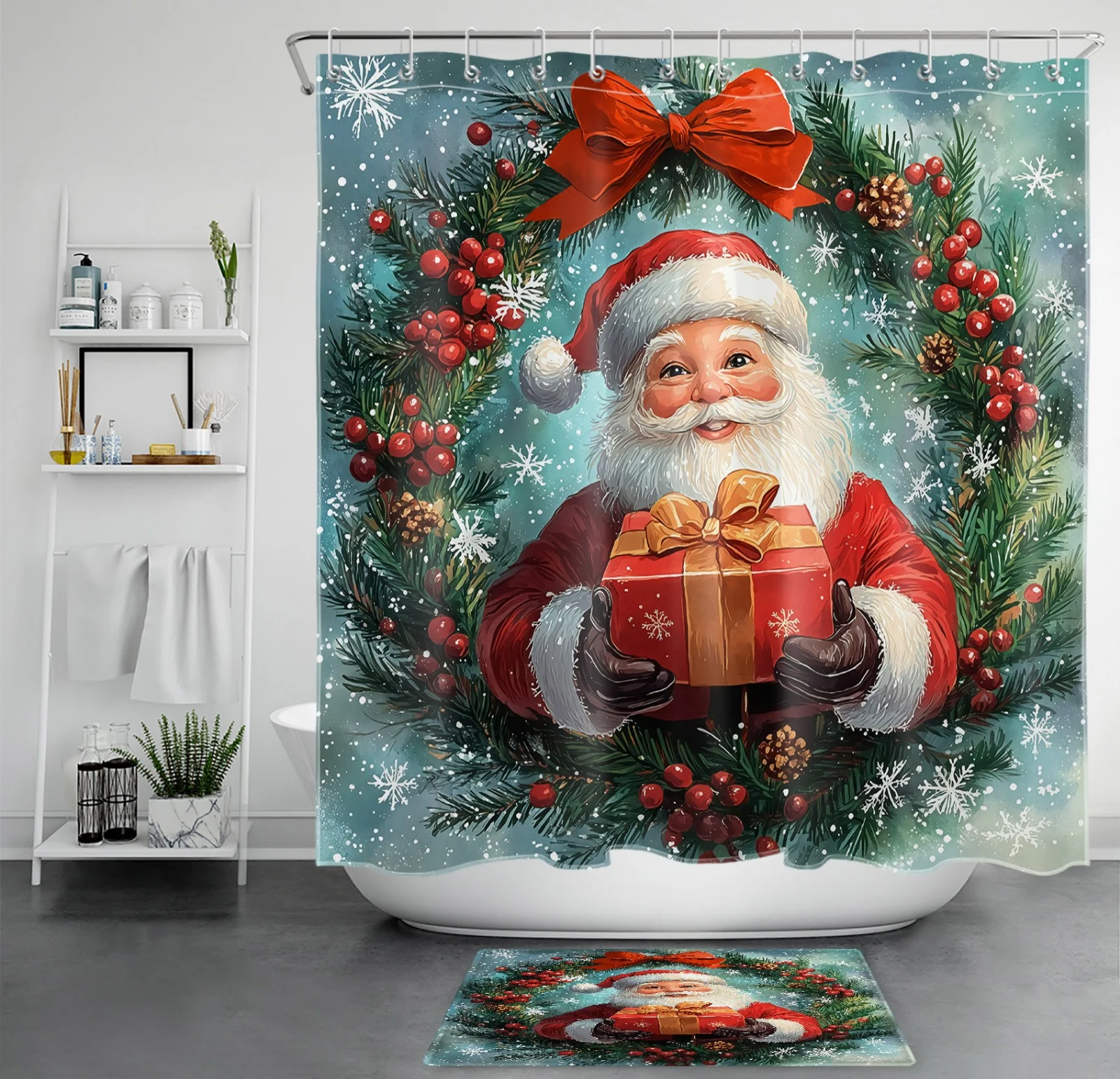 Cute Funny Red Santa Claus Green Christmas Shower Curtain