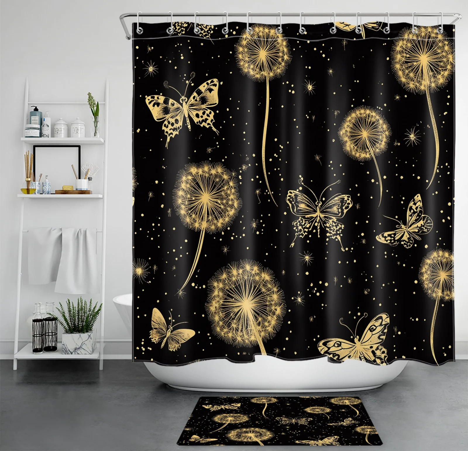Dandelion Flower Butterfly Black and Gold Shower Curtain