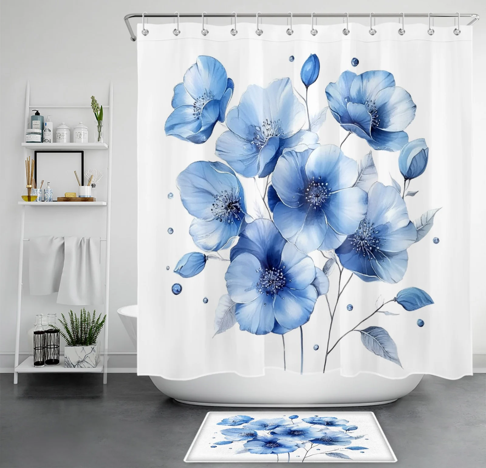 Botanical Sage Green Leaf Blue Floral Shower Curtain