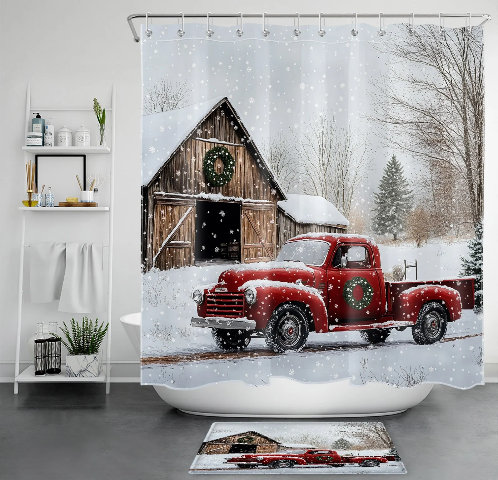 Rustic Retro Red Truck Farmhouse Christmas Shower Curtain Rustic Retro Red Truck Farmhouse Christmas Shower Curtain