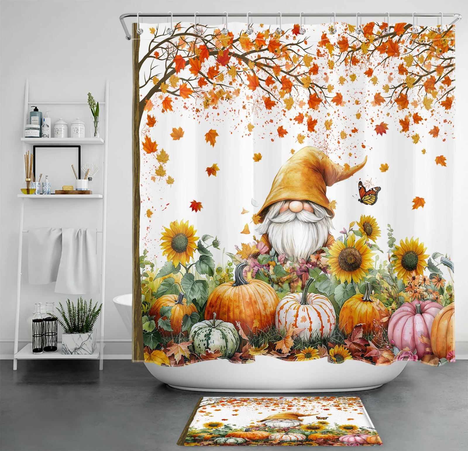 Autumn Orange Plaid Funny Cute Fall Gnome Shower Curtain