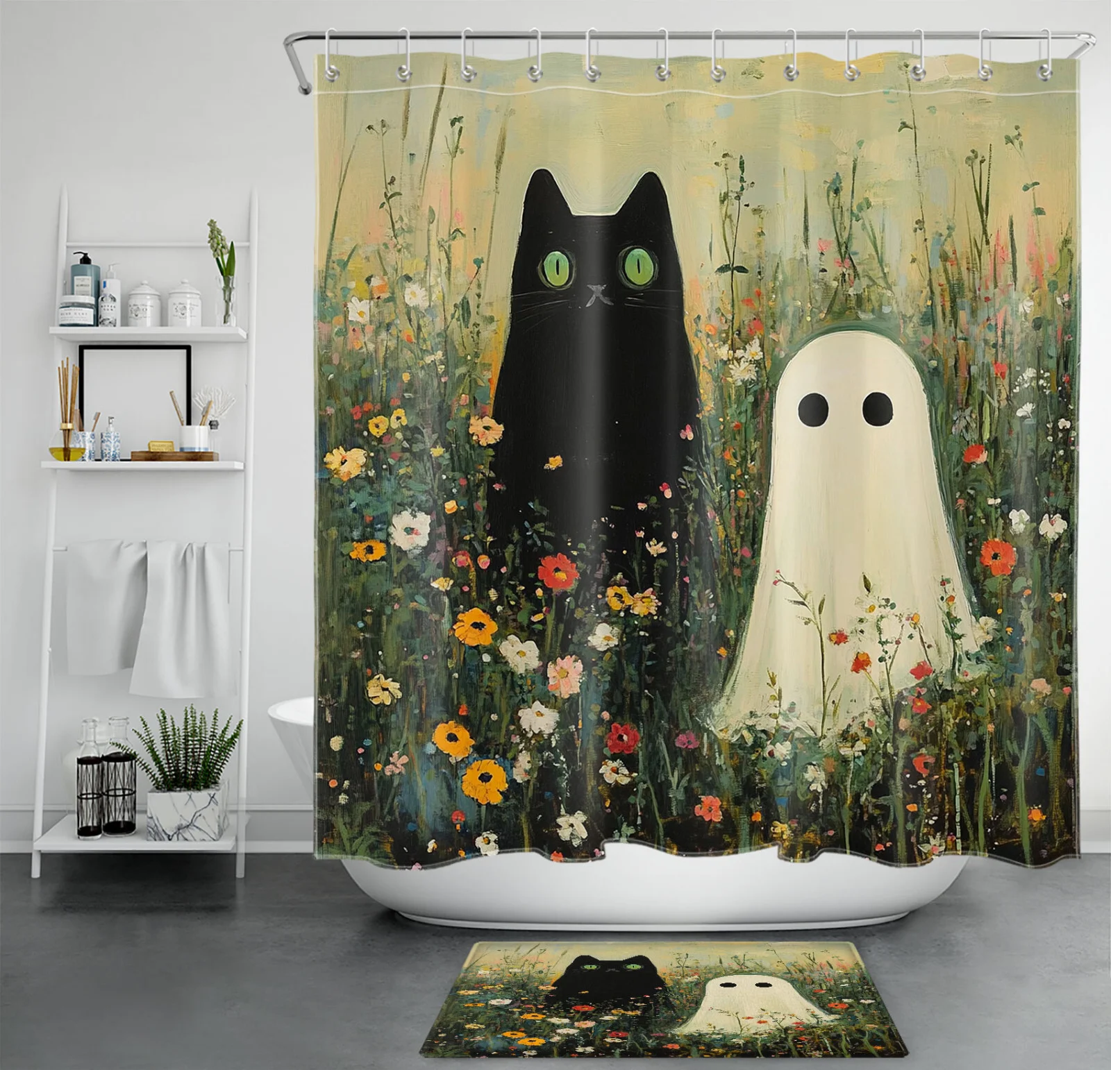 Floral Funny Ghost Black Halloween Cat Shower Curtain