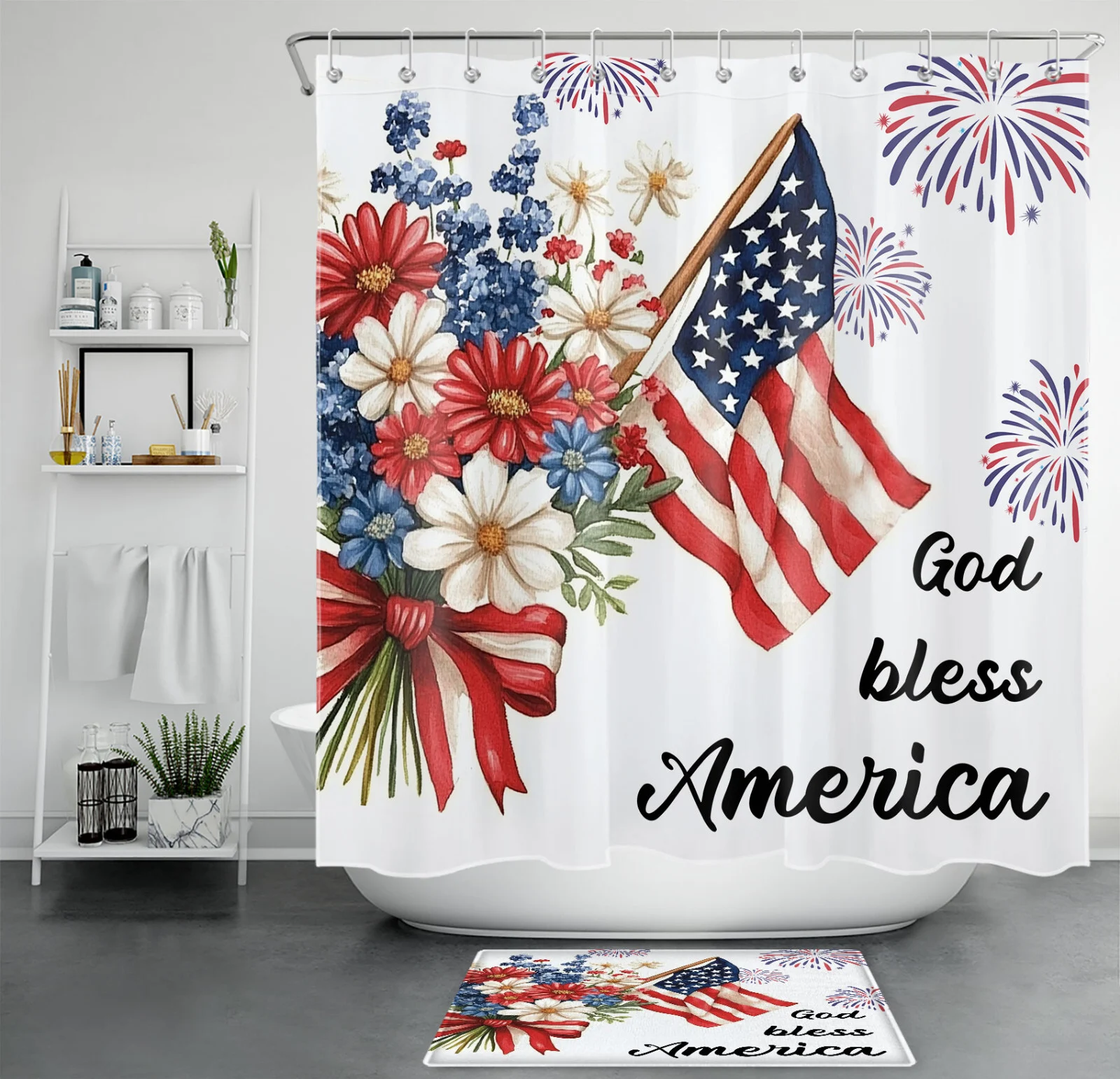 Cat Red White and Blue Flower Patriotic Shower Curtain