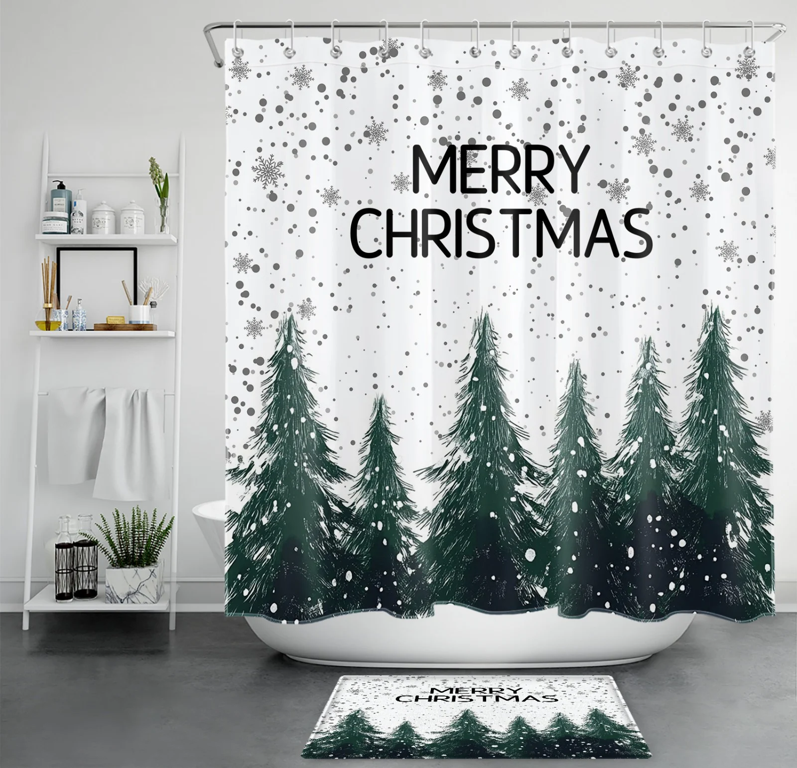 Winter Xmas Tree Black and White Christmas Shower Curtain