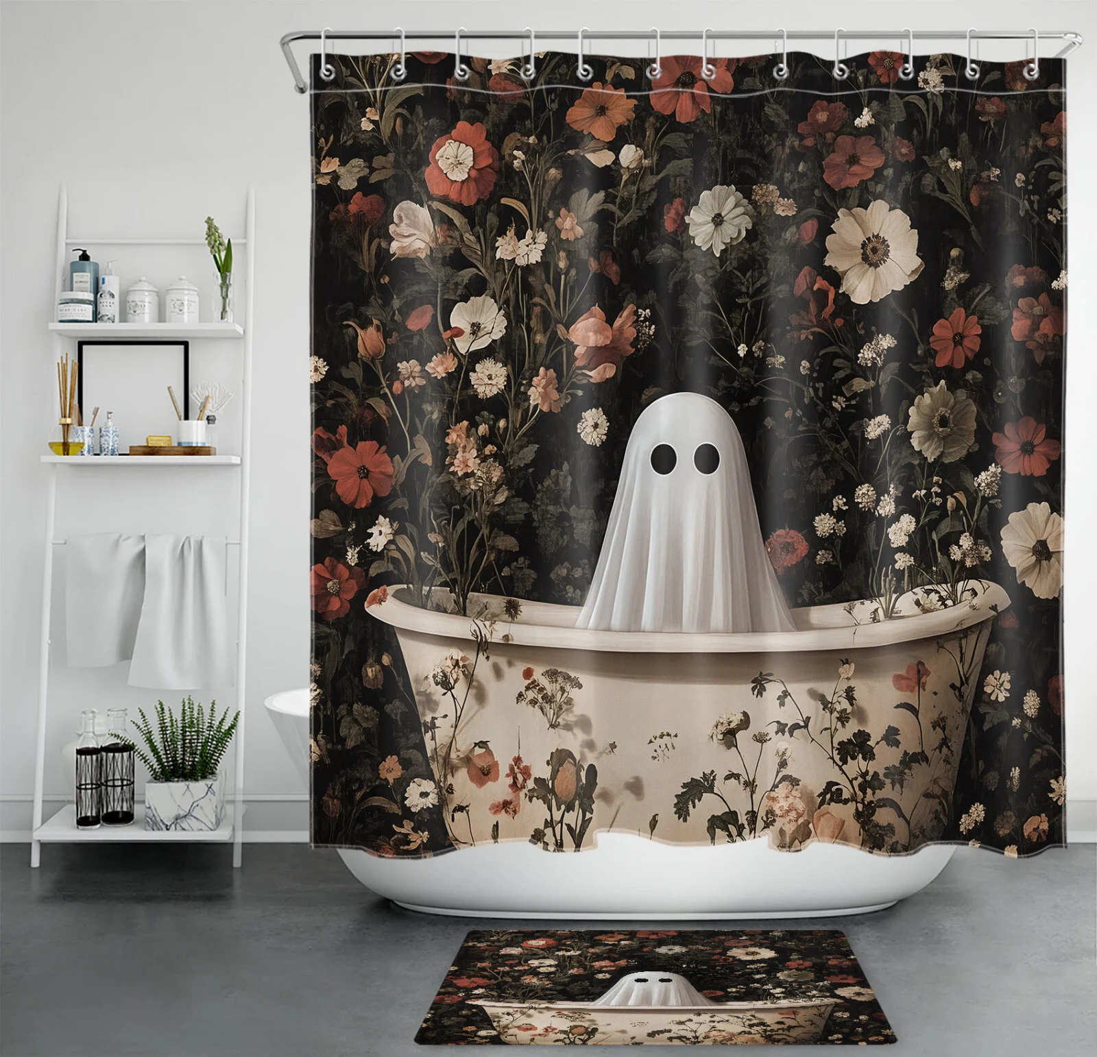 Blue Floral Funny Ghost Fall Halloween Shower Curtain