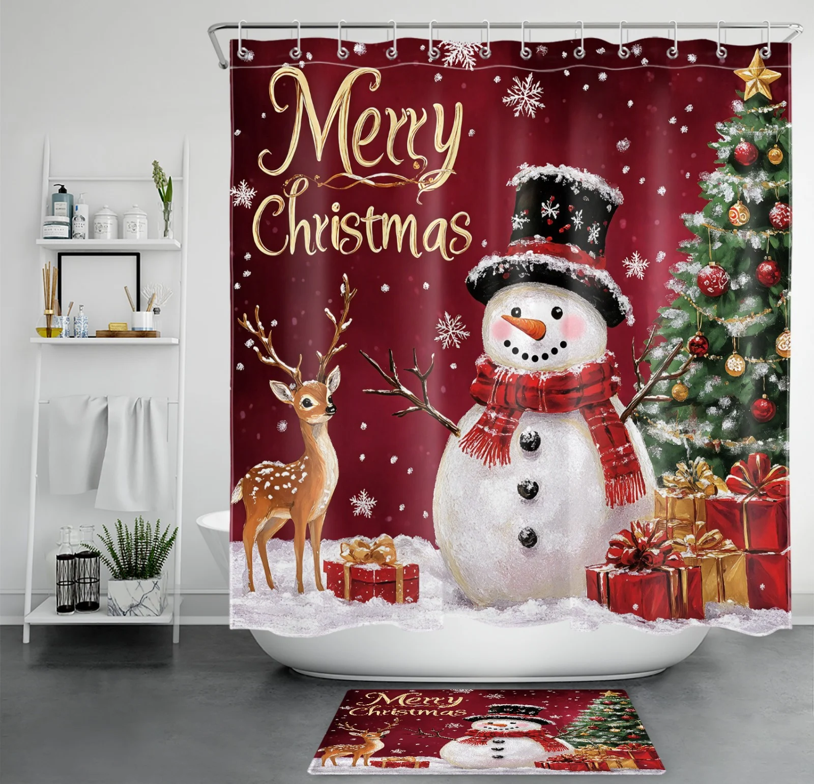 Funny Winter Deer Red Christmas Snowman Shower Curtain
