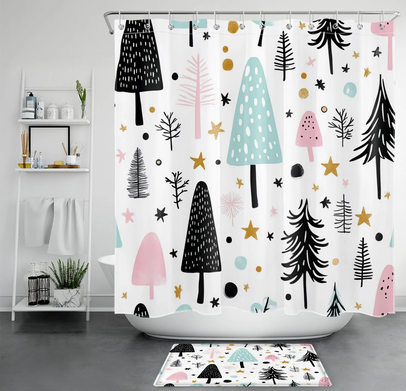 Winter Snow Forest Red Christmas Farmhouse Shower Curtain